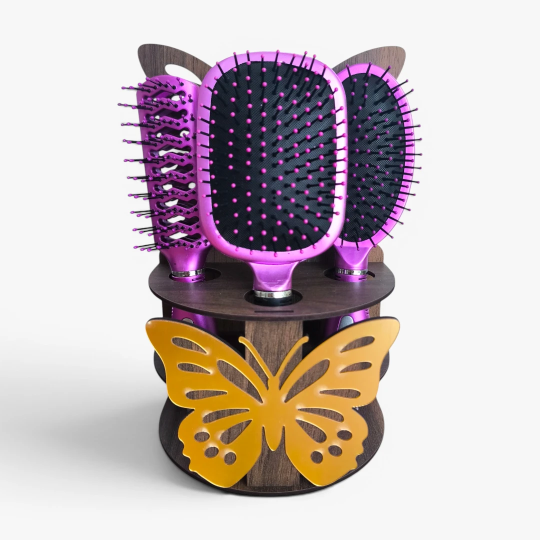 [P10230-Metalik fuşya] 3 Piece Dark Colored Hair Brush Set with Stand Fuchsia