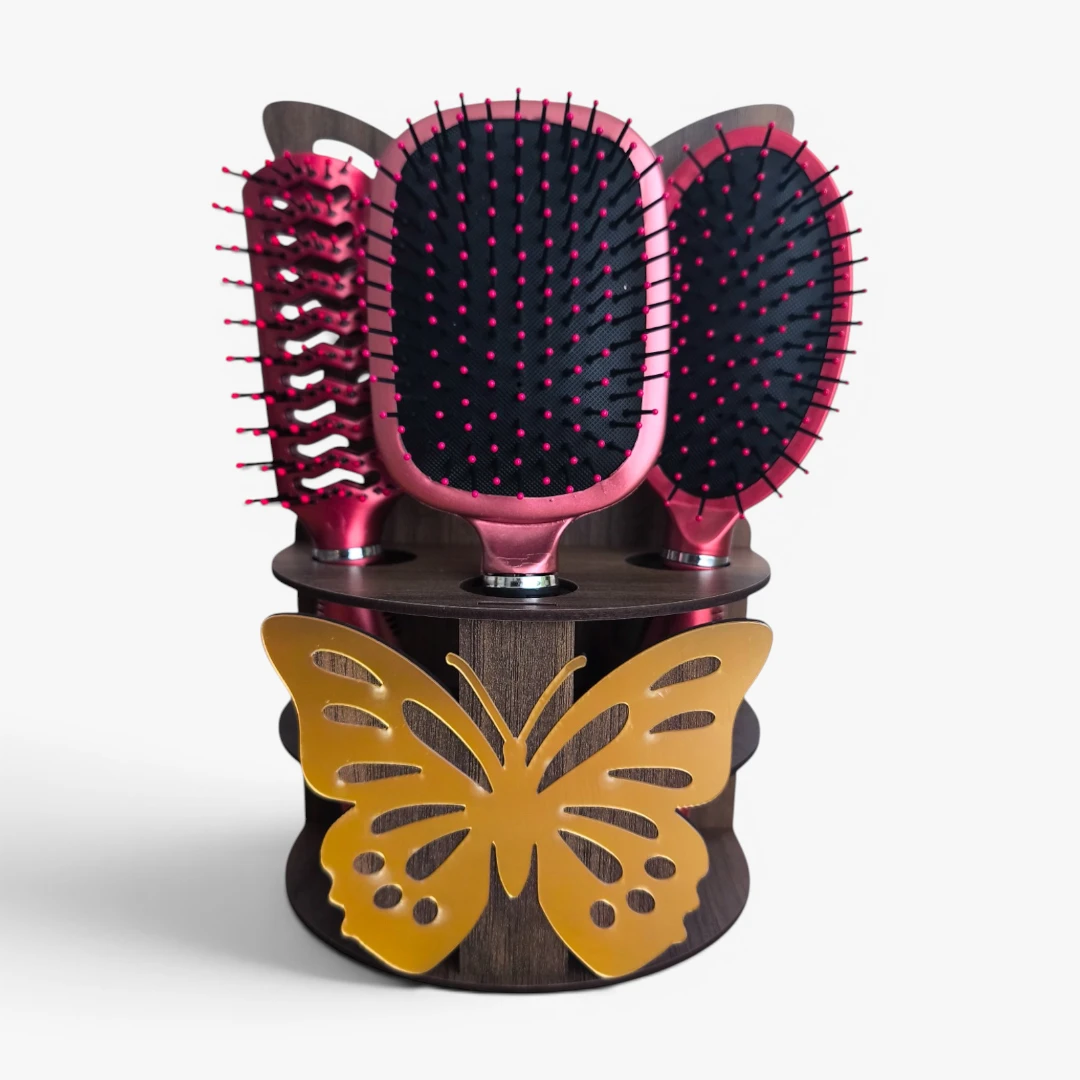 [P10230-Bordo] 3 Piece Dark Colored Hair Brush Set with Stand Metallic Burgundy