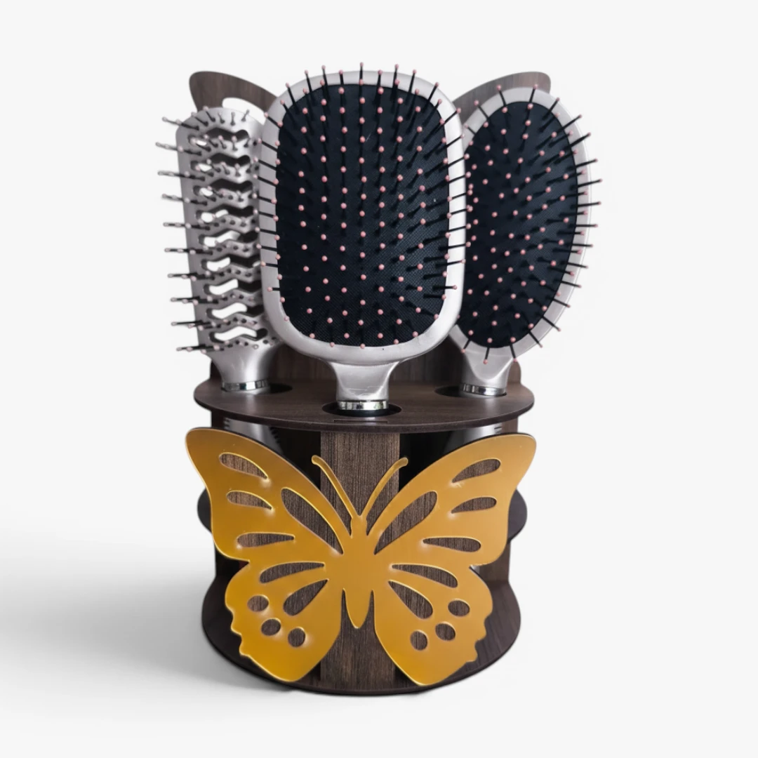 [P10230-Gri] 3 Piece Dark Hair Brush Set with Stand Gray