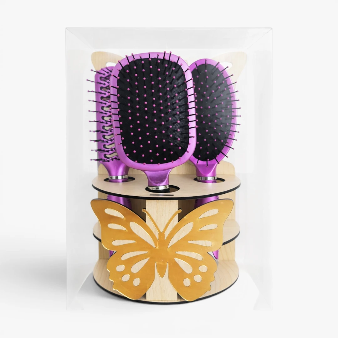 [P10230-fuşya] 3 Piece Light Colored Hair Brush Set with Stand  Fuchsia