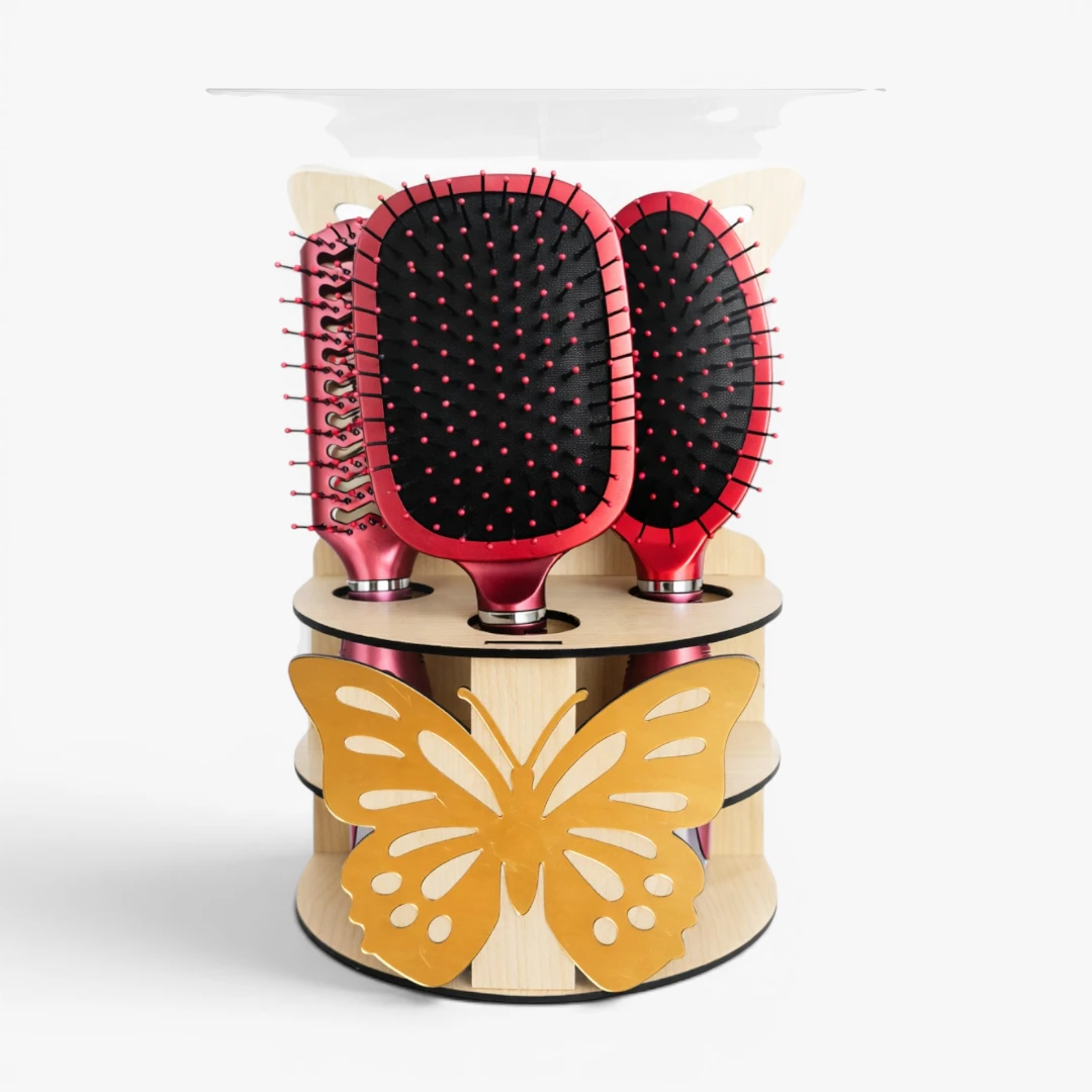 [P10230-Metalik Bordo] 3 Piece Light Colored Hair Brush Set with Stand  Metallic Burgundy