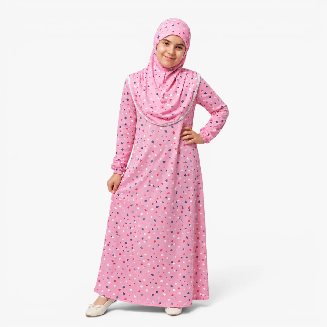 Kids Prayer Dress Star 100% Cotton One Piece Pink