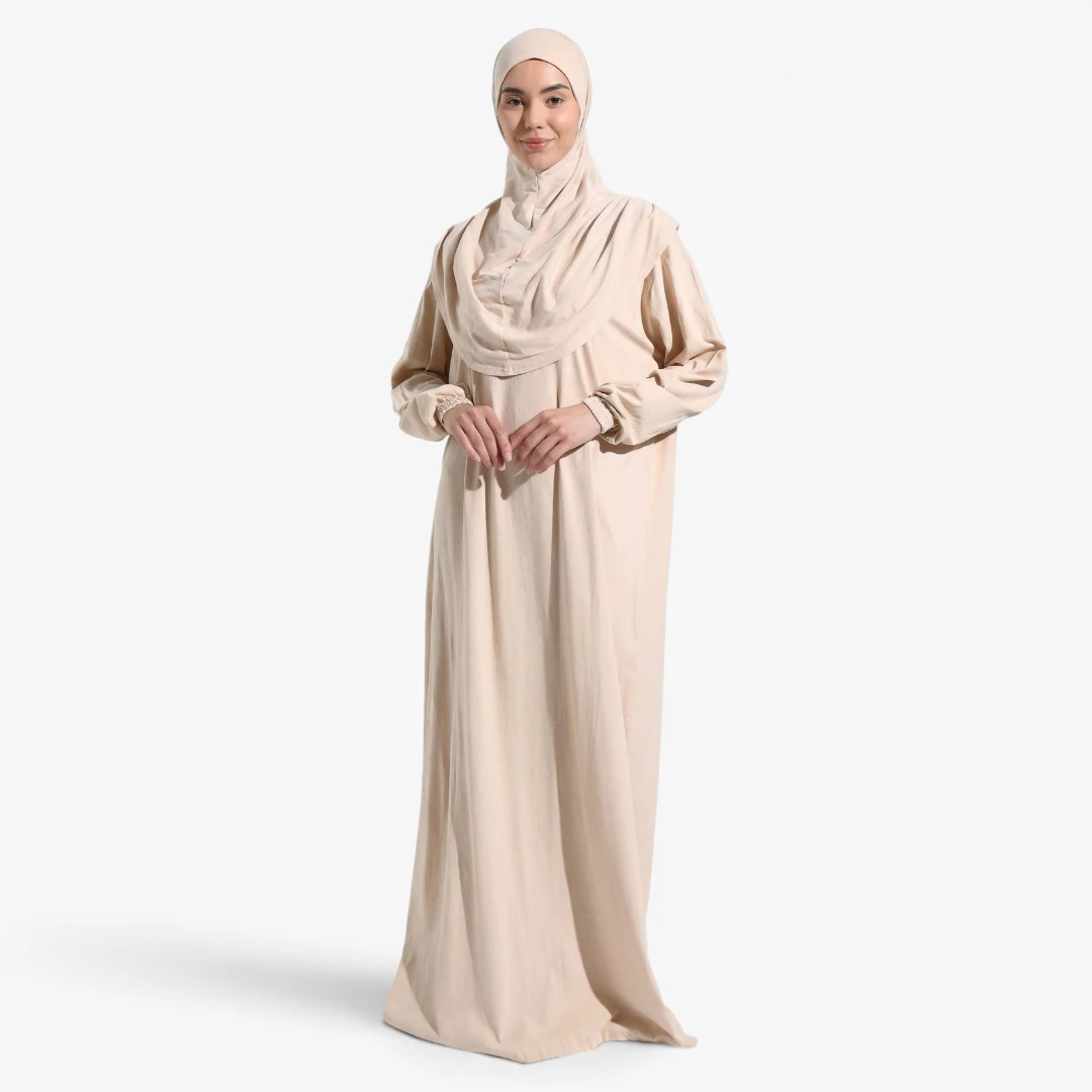 [10041-Bej] One Piece Prayer Dress 100% Cotton Comfortable Practical Attached Hijab Beige