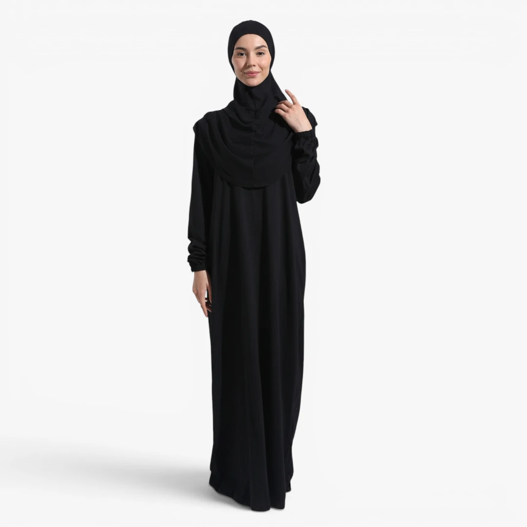 [10041-Siyah] One Piece Prayer Dress 100% Cotton Comfortable Practical Attached Hijab Black
