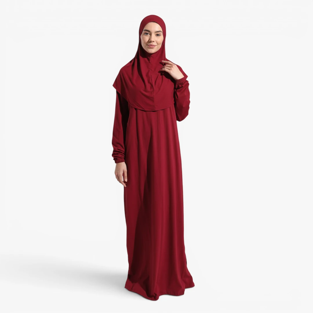 [10041-Bordo] One Piece Prayer Dress 100% Cotton Comfortable Practical Attached Hijab Burgundy
