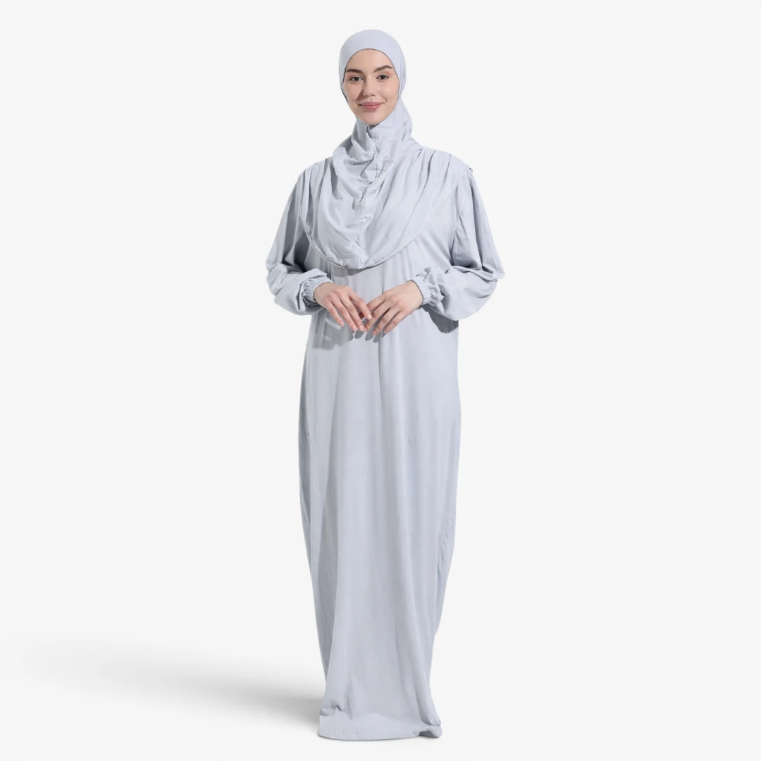 [10041-Gri] One Piece Prayer Dress 100% Cotton Comfortable Practical Attached Hijab Grey