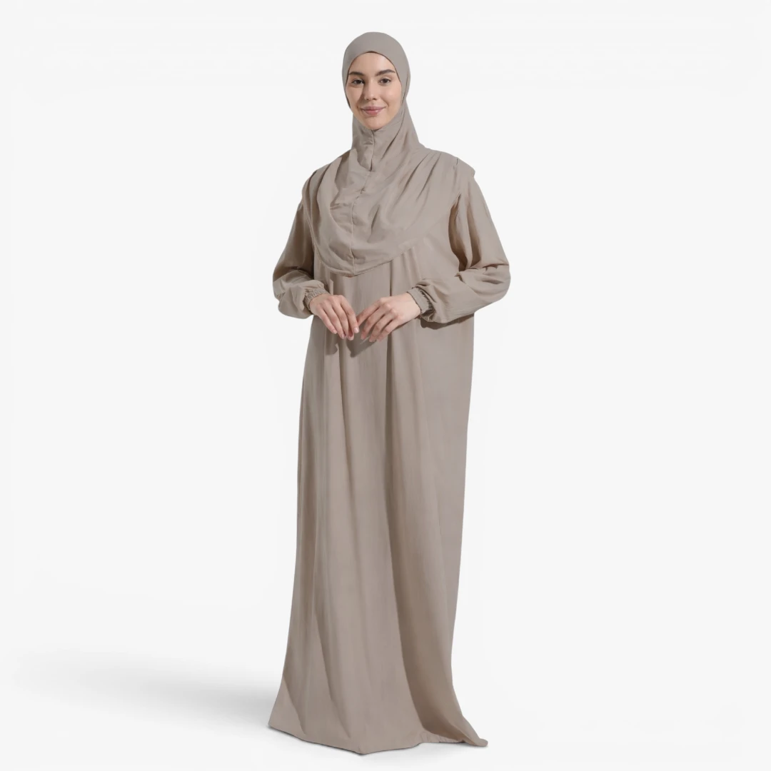 [10041-Vizon] One Piece Prayer Dress 100% Cotton Comfortable Practical Attached Hijab Mink Color