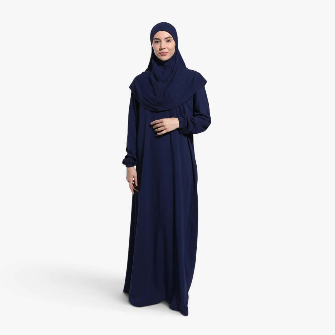 [10041-Lacivert] One Piece Prayer Dress 100% Cotton Comfortable Practical Attached Hijab Navy Blue