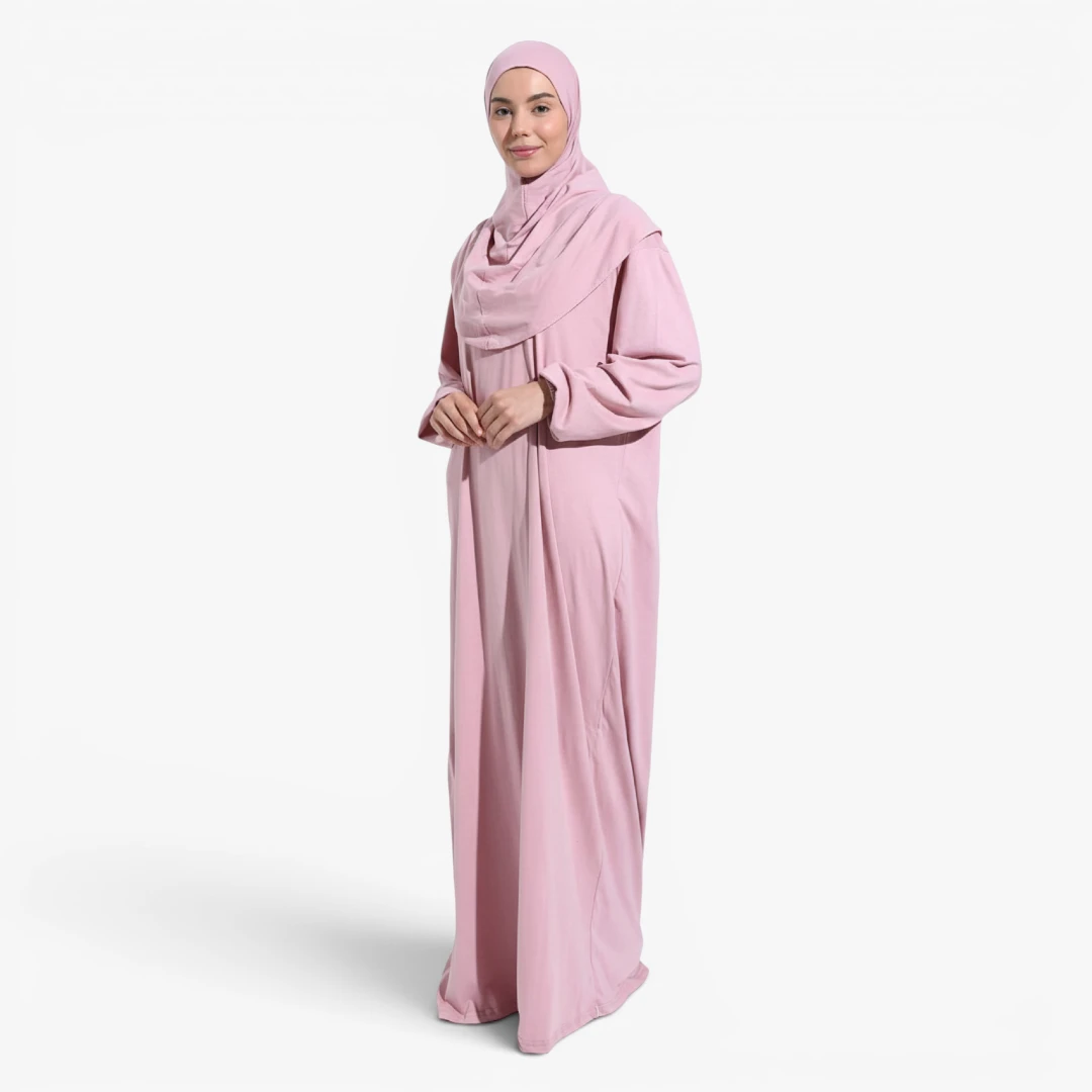 [10041-Pudra] One Piece Prayer Dress 100% Cotton Comfortable Practical Attached Hijab Powder Pink