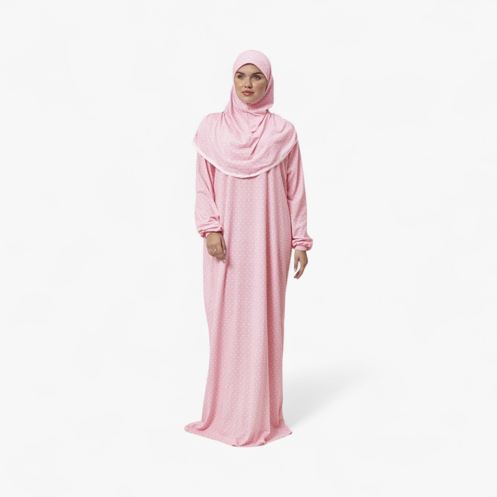 [P10051-Pempe] One Piece Prayer Dress 100% Cotton Elegant Modern Patterns Comfortable Practical Attached Hijab Pink
