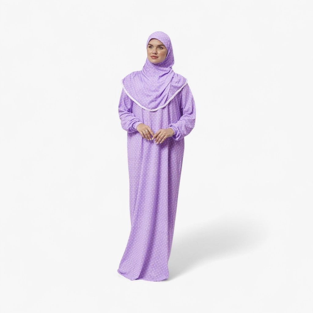 [P10051-Mor] One Piece Prayer Dress 100% Cotton Elegant Modern Patterns Comfortable Practical Attached Hijab Purple