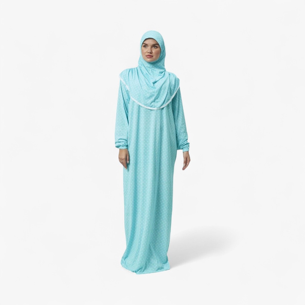 [P10051-Turkuvaz] One Piece Prayer Dress 100% Cotton Elegant Modern Patterns Comfortable Practical Attached Hijab Turquoise