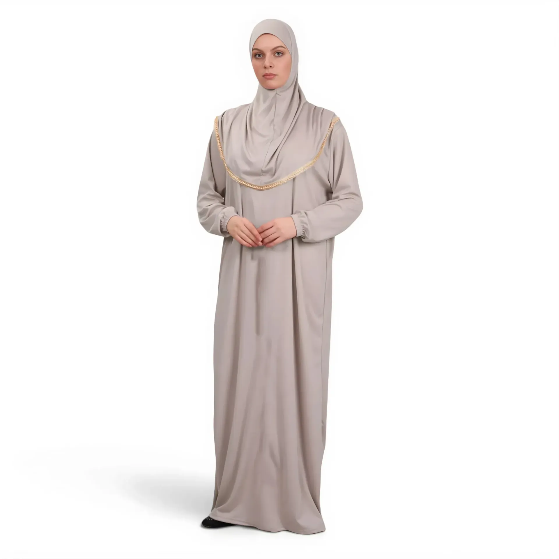 [P10001-Bej] One Piece Prayer Dress Soft Jersey Comfortable Practical Attached Hijab Beige