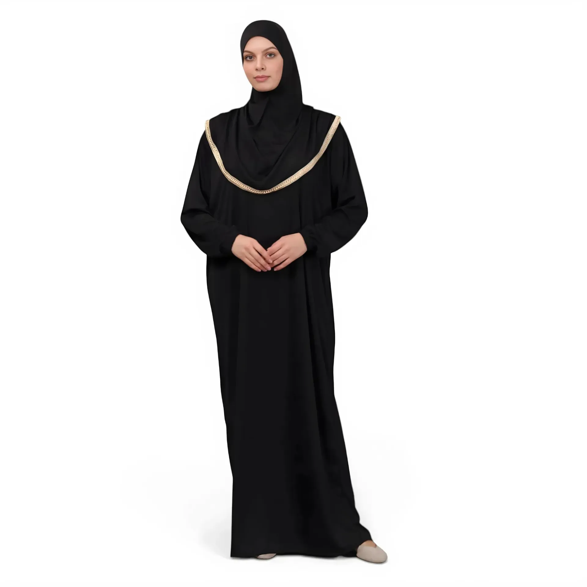 [P10001-Siyah] One Piece Prayer Dress Soft Jersey Comfortable Practical Attached Hijab Black