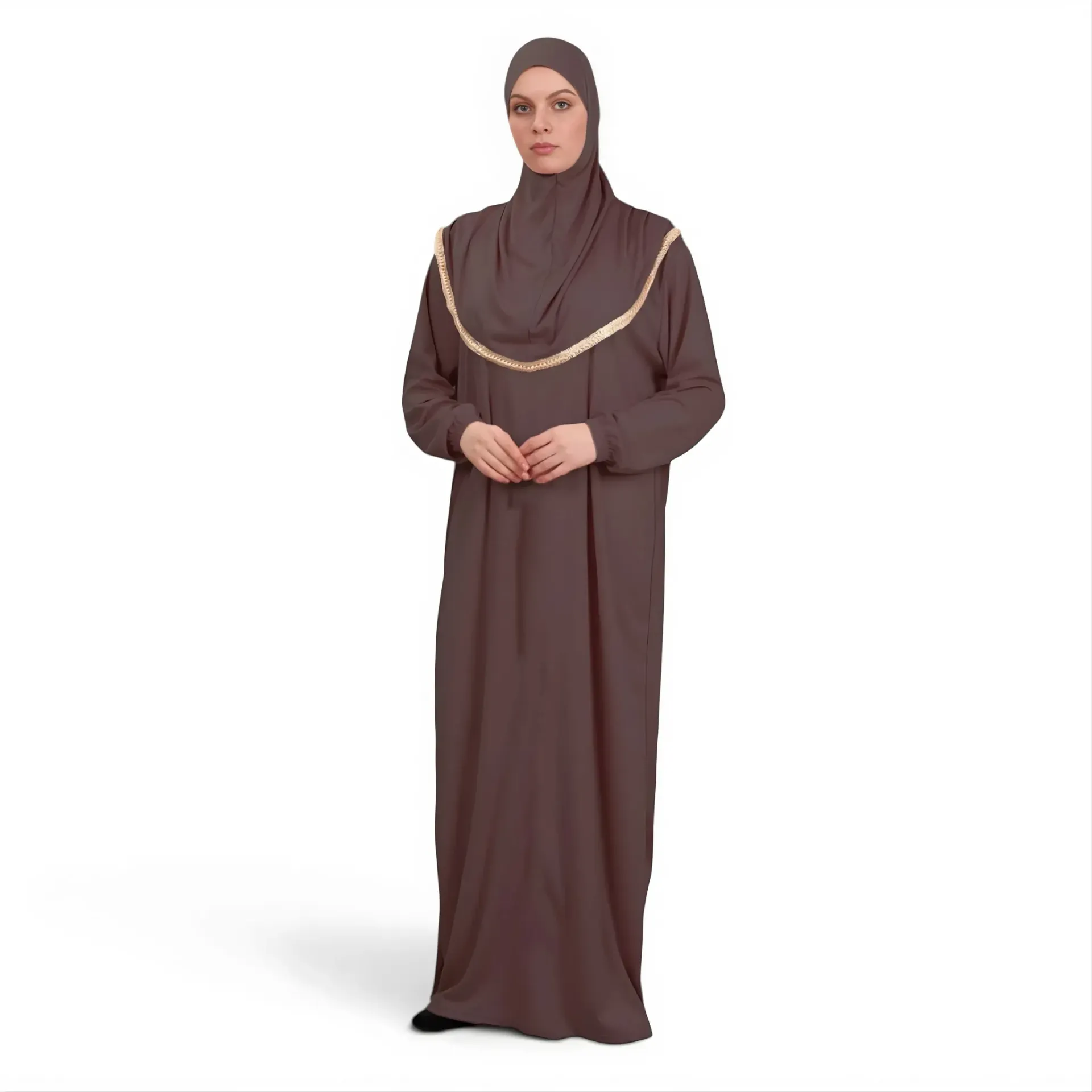 [P10001-Kahverengi] One Piece Prayer Dress Soft Jersey Comfortable Practical Attached Hijab Brown