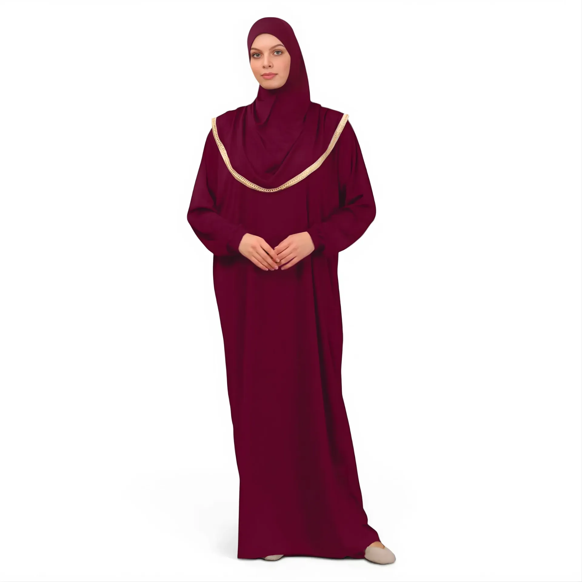 [P10001-Bordo] One Piece Prayer Dress Soft Jersey Comfortable Practical Attached Hijab Burgundy