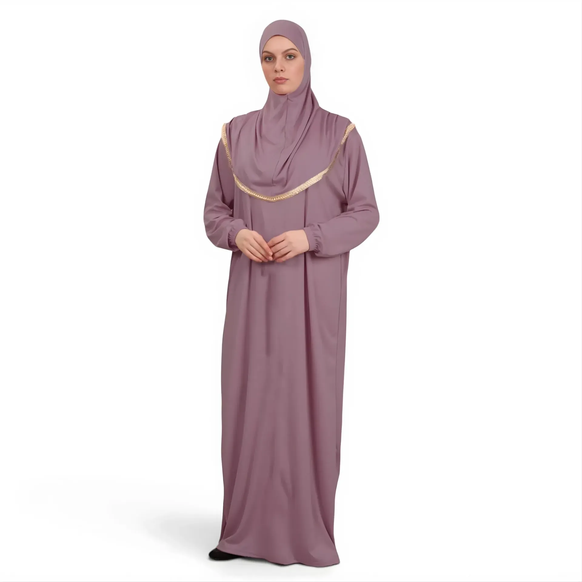 [P10001-Gül kurusu] One Piece Prayer Dress Soft Jersey Comfortable Practical Attached Hijab Dusty Rose