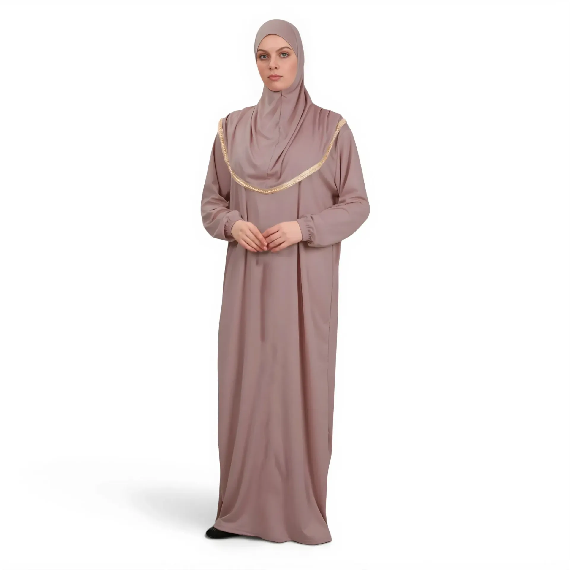 [P10001-Toprak] One Piece Prayer Dress Soft Jersey Comfortable Practical Attached Hijab Earth Tone