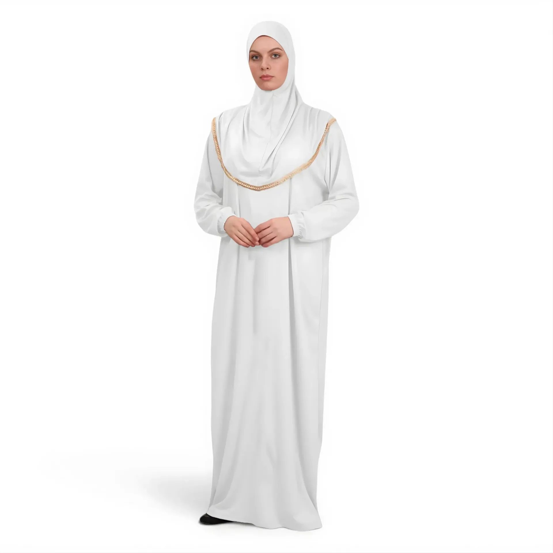 [P10001-Ekru] One Piece Prayer Dress Soft Jersey Comfortable Practical Attached Hijab Ecru