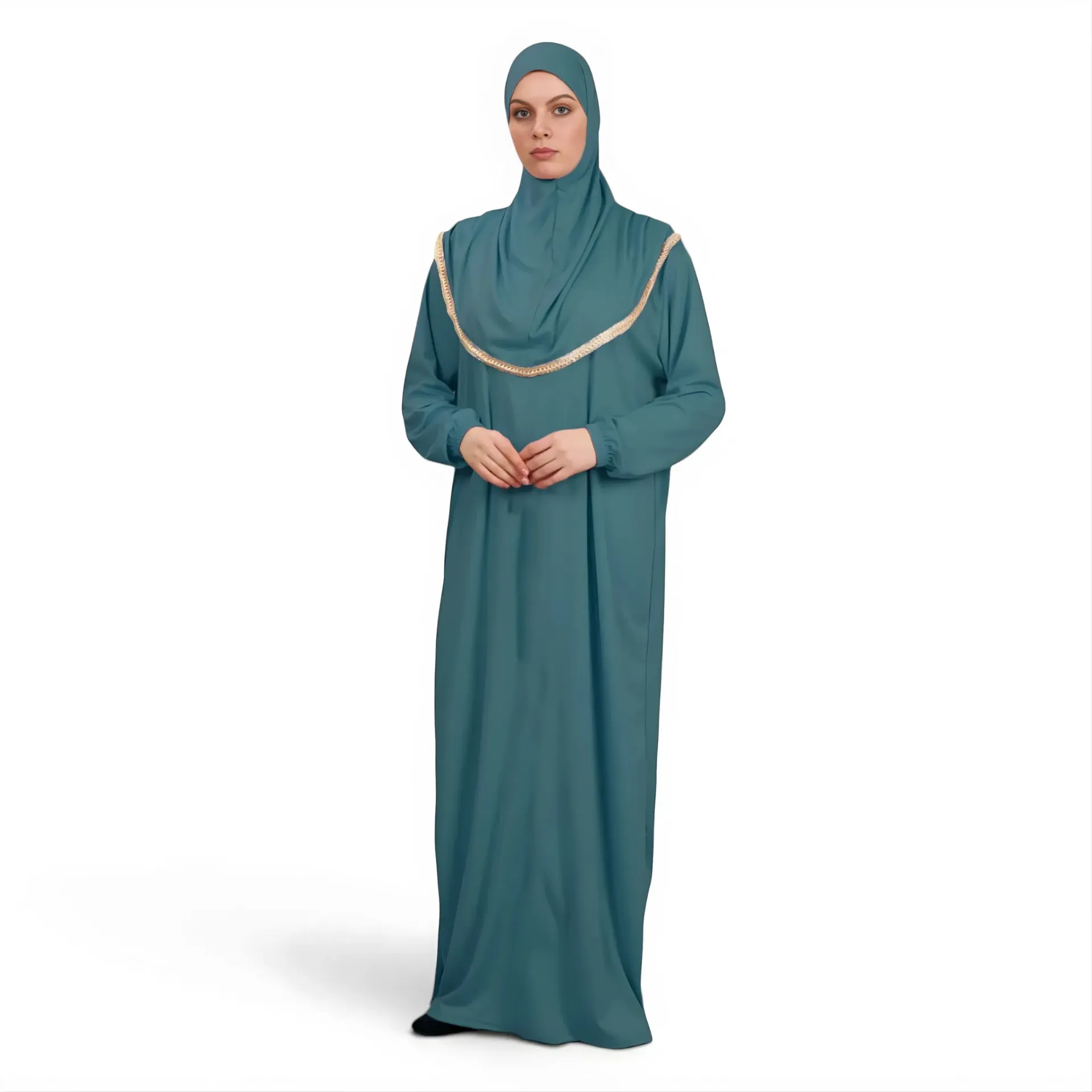 [P10001-Zümrüt] One Piece Prayer Dress Soft Jersey Comfortable Practical Attached Hijab Emerald Green