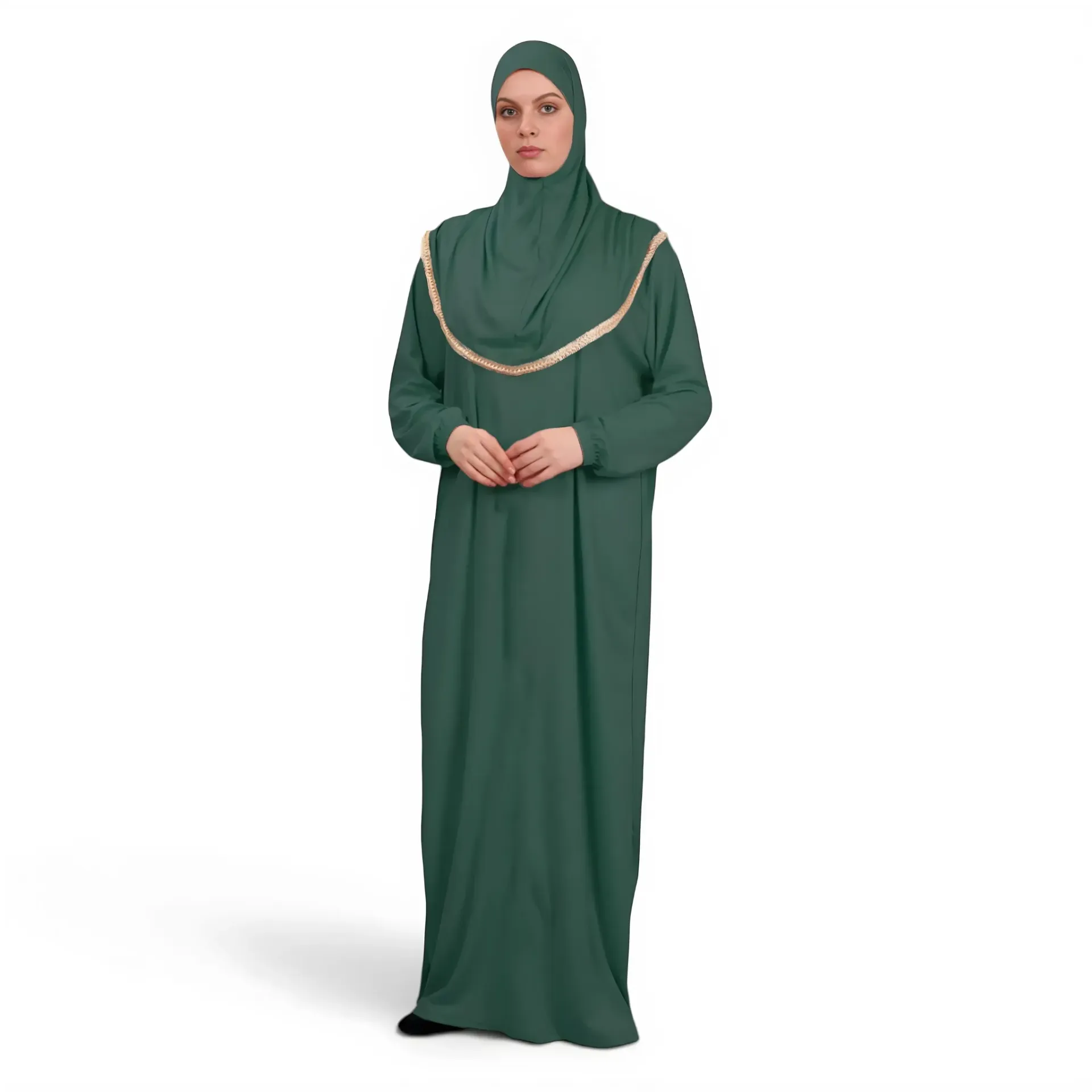 [P10001-Yeşil] One Piece Prayer Dress Soft Jersey Comfortable Practical Attached Hijab Green