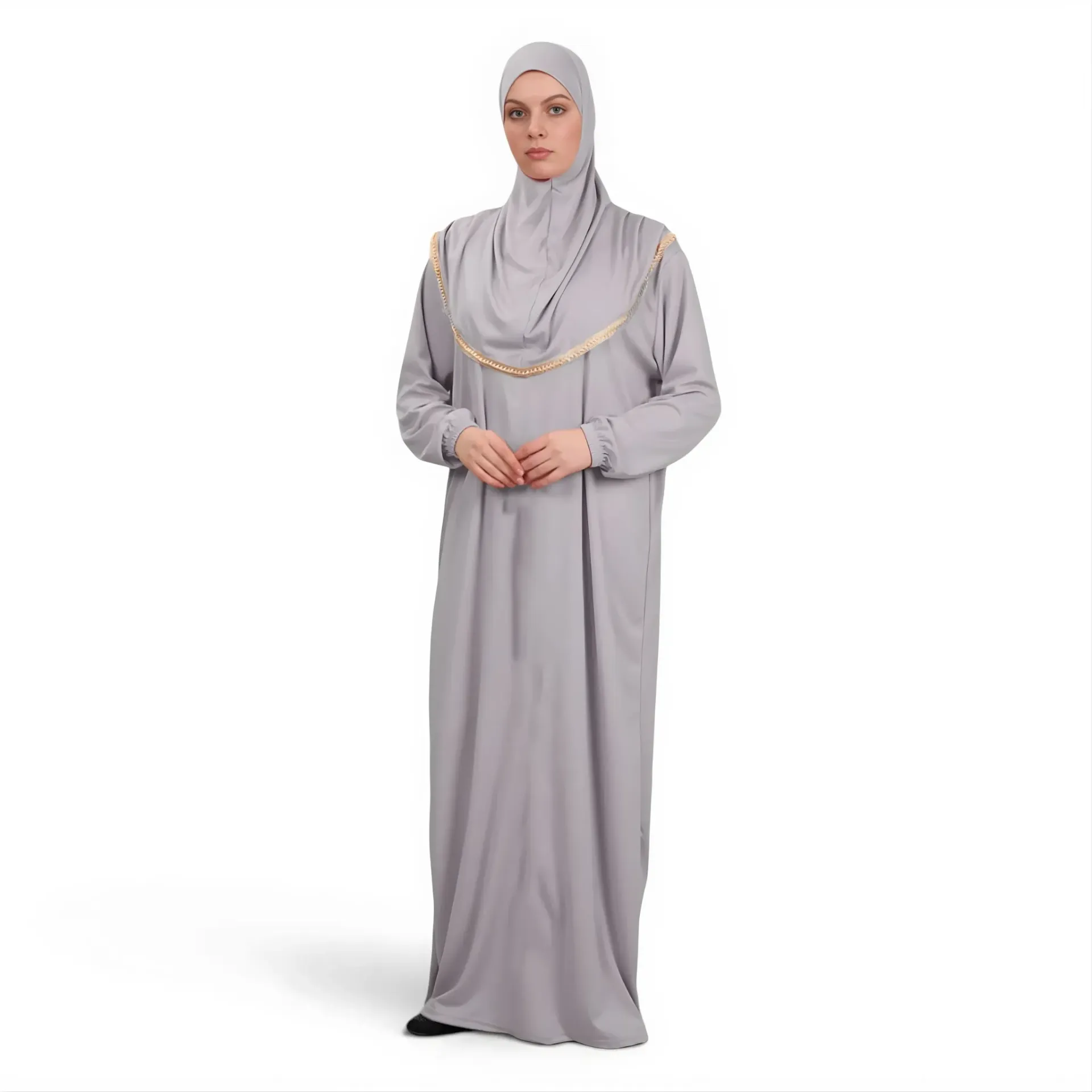 [P10001-Gri] One Piece Prayer Dress Soft Jersey Comfortable Practical Attached Hijab Grey