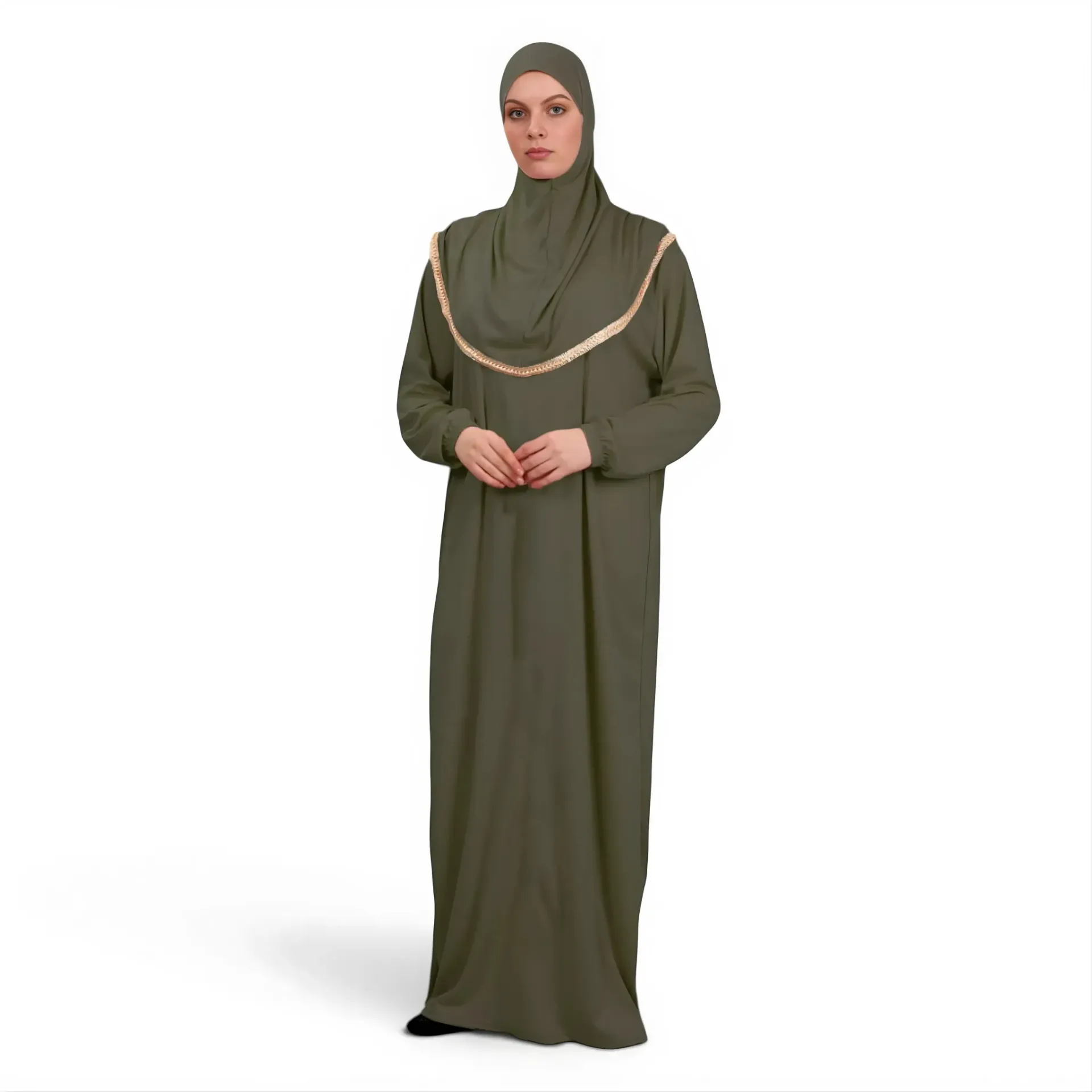 [P10001-Haki] One Piece Prayer Dress Soft Jersey Comfortable Practical Attached Hijab Khaki