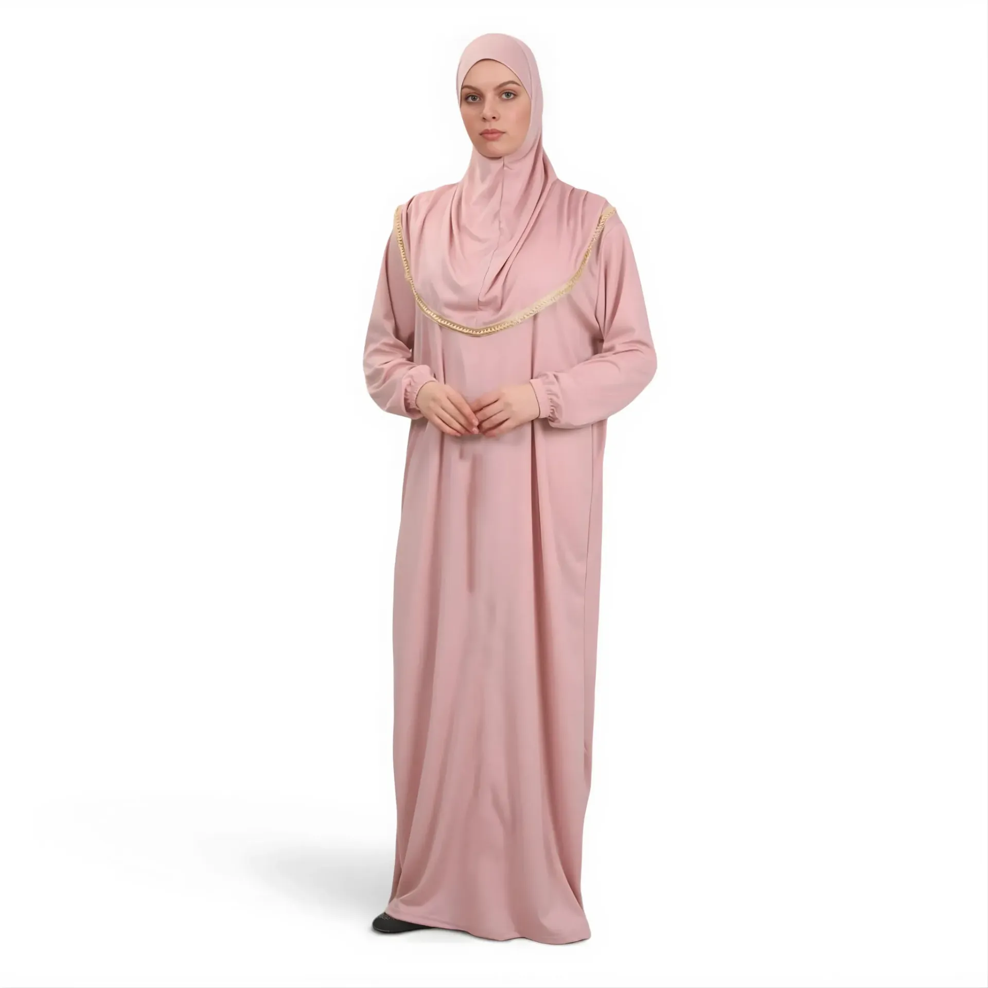[P10001-Açık Pudra] One Piece Prayer Dress Soft Jersey Comfortable Practical Attached Hijab Light Powder Pink