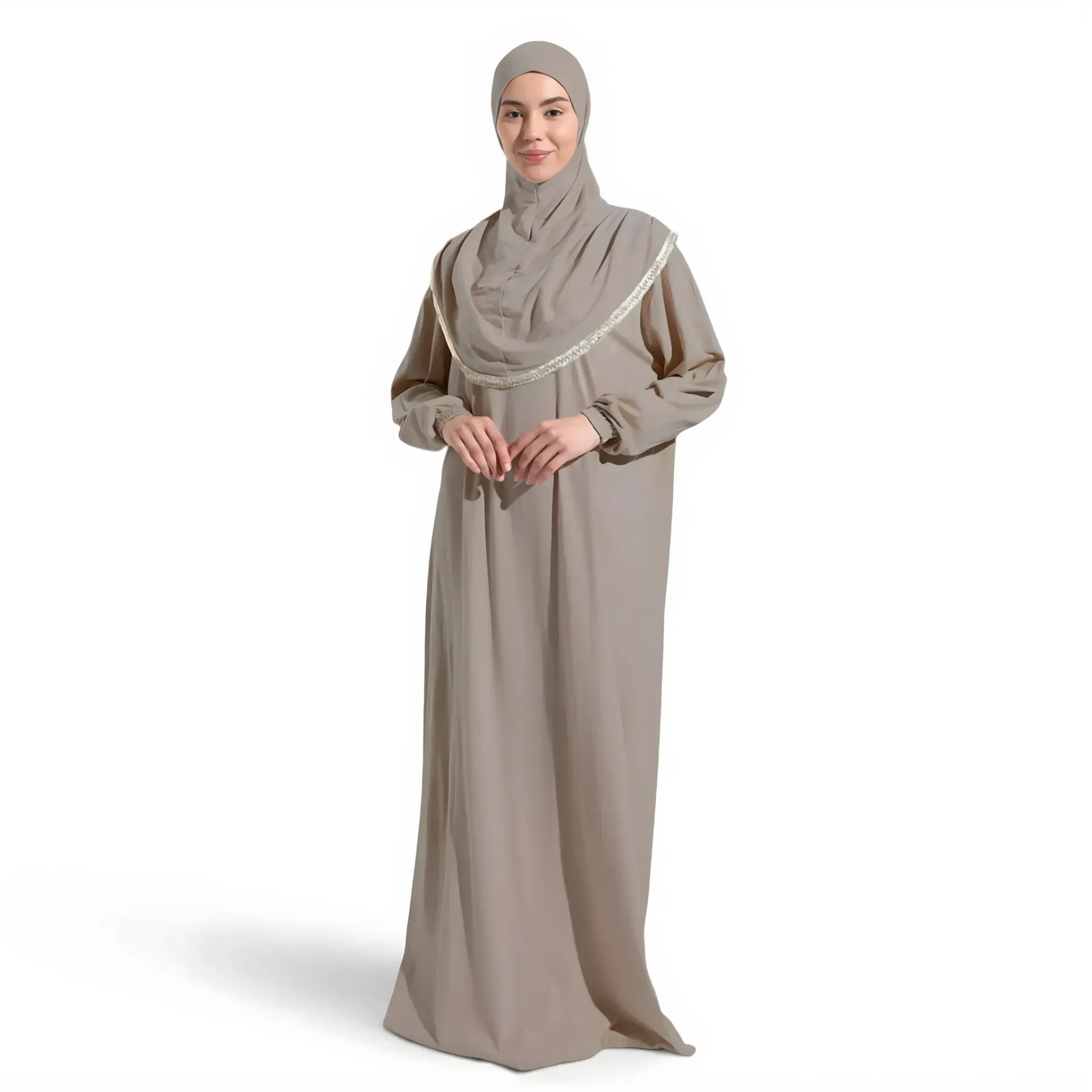 [P10001-Vizon] One Piece Prayer Dress Soft Jersey Comfortable Practical Attached Hijab Mink Color