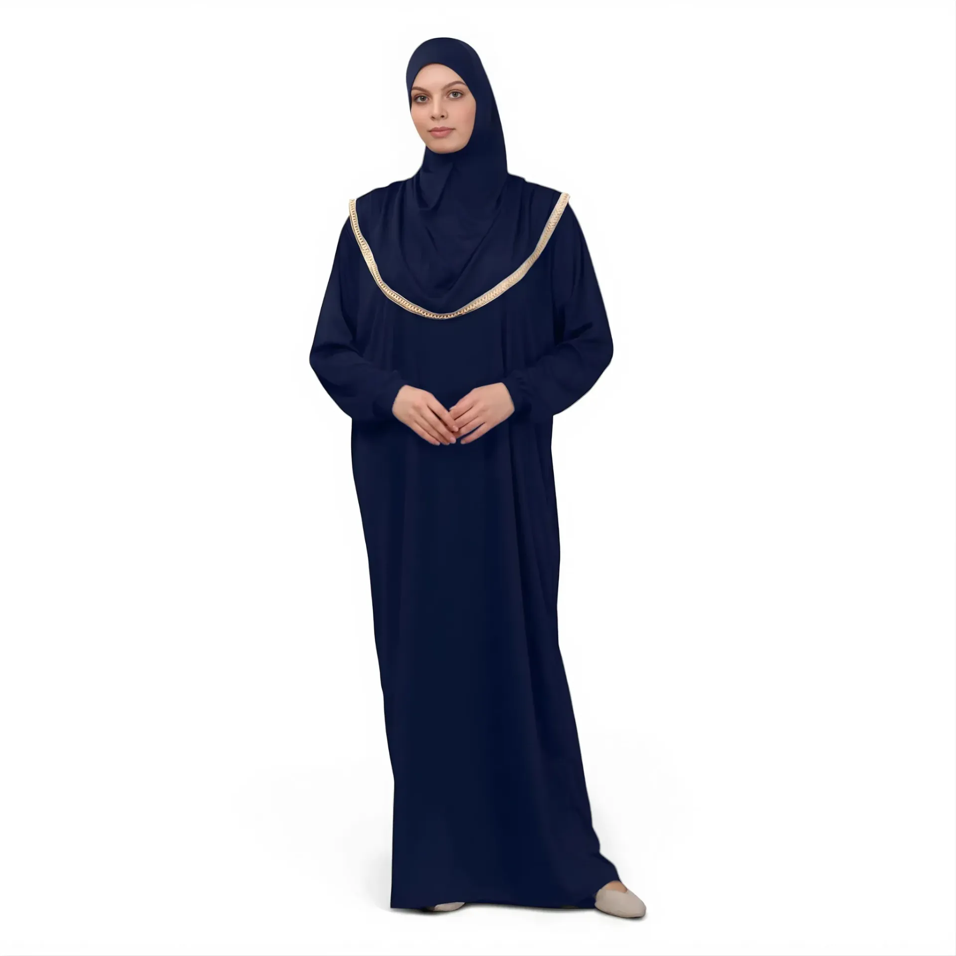[P10001-Lacivert] One Piece Prayer Dress Soft Jersey Comfortable Practical Attached Hijab Navy Blue