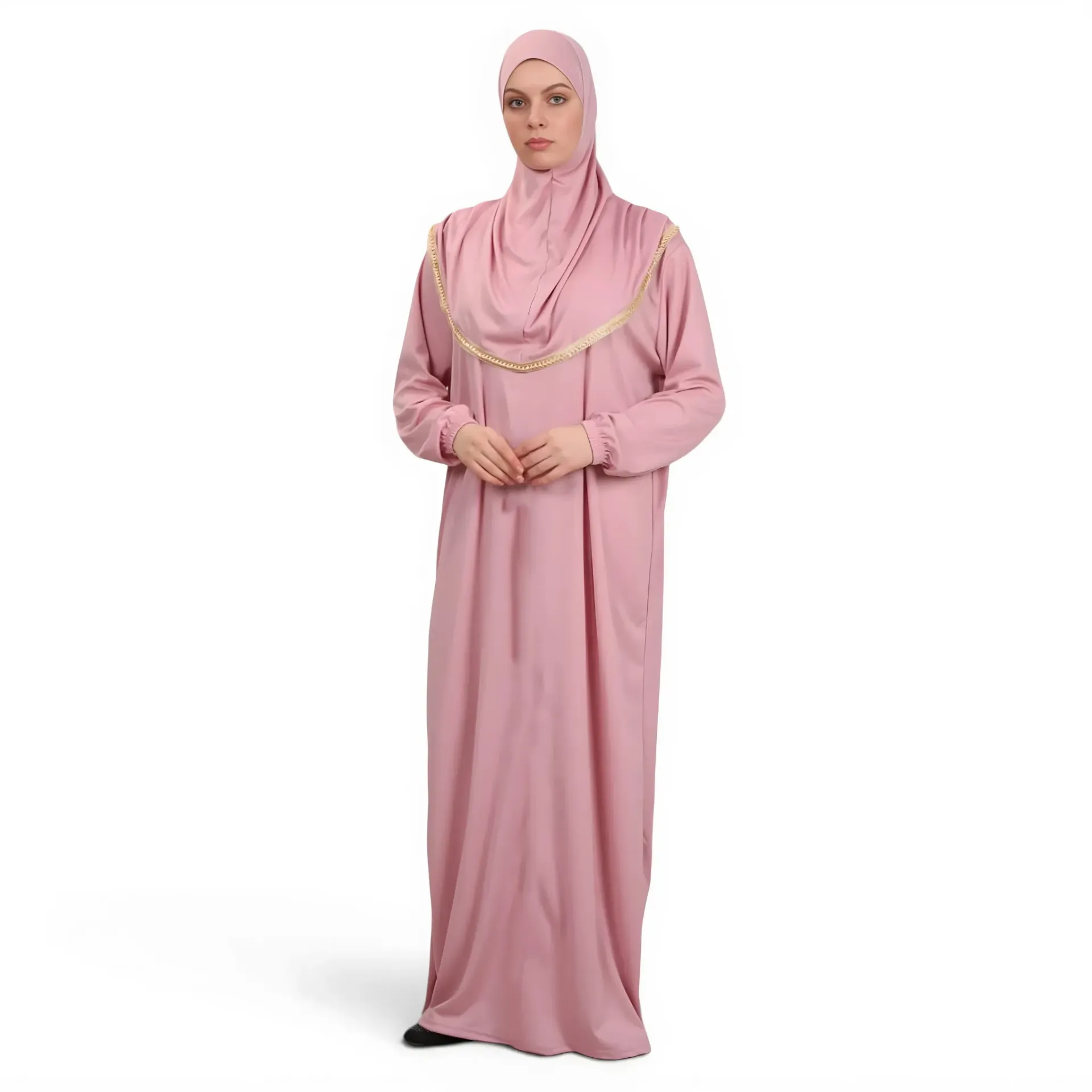 [P10001-Pembe] One Piece Prayer Dress Soft Jersey Comfortable Practical Attached Hijab Pink