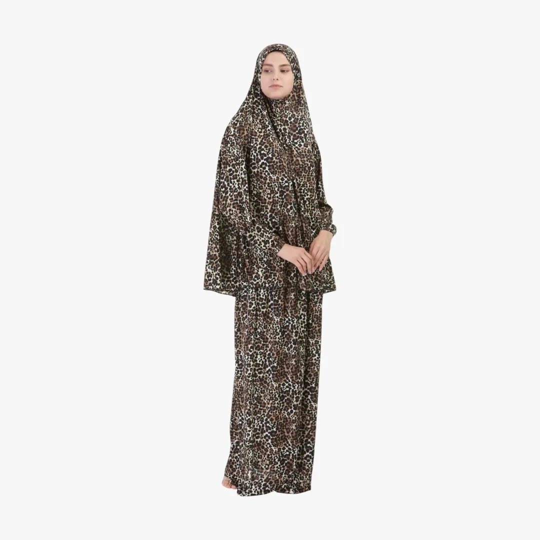 [P10071-Kahverengi] Two Piece Pamuklu Prayer Dress Comfortable Practical Tiger Print