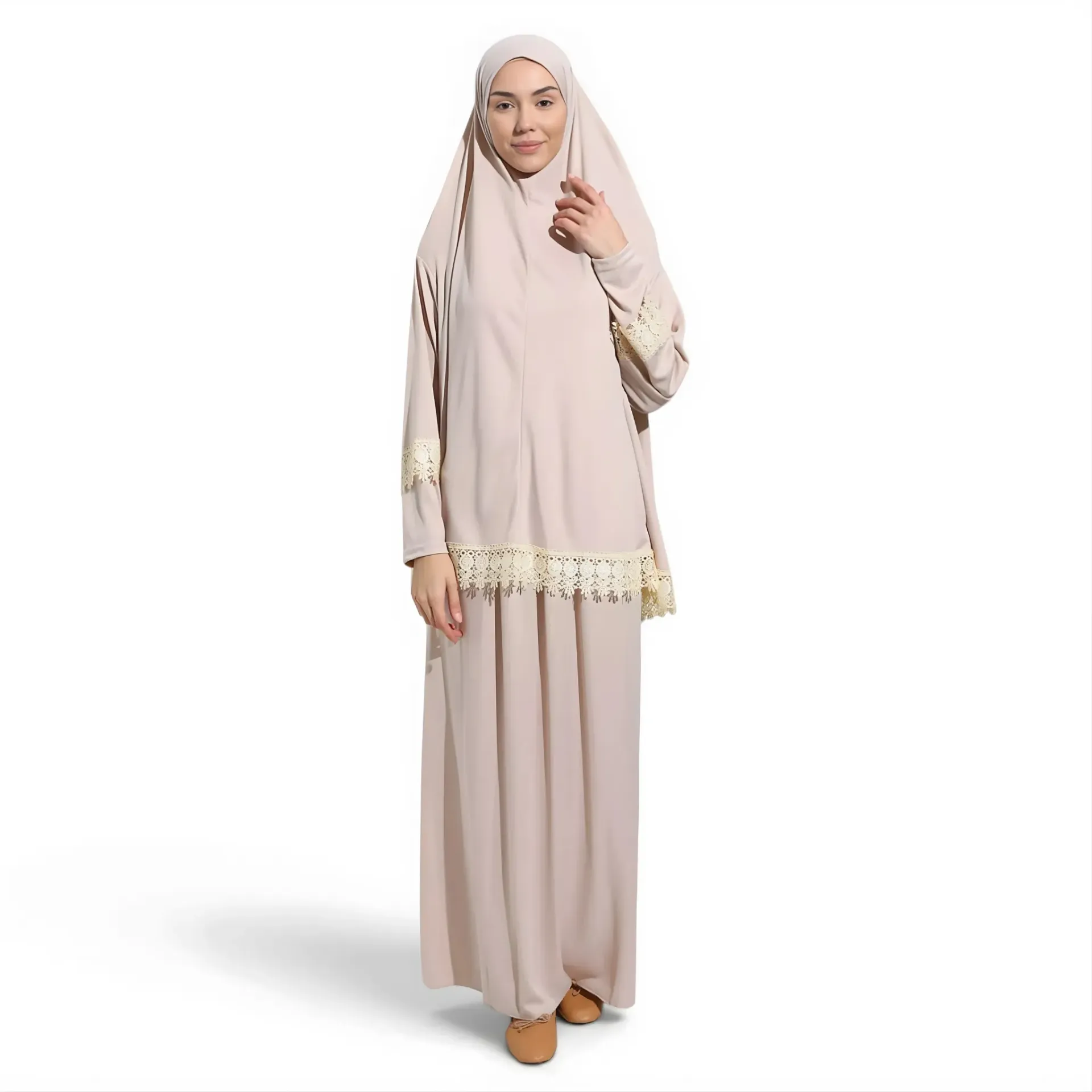 [P10021-Bej] Two Piece Prayer Dress Soft Jersey Embroidered with Luxury Lace Comfortable Practical Beige