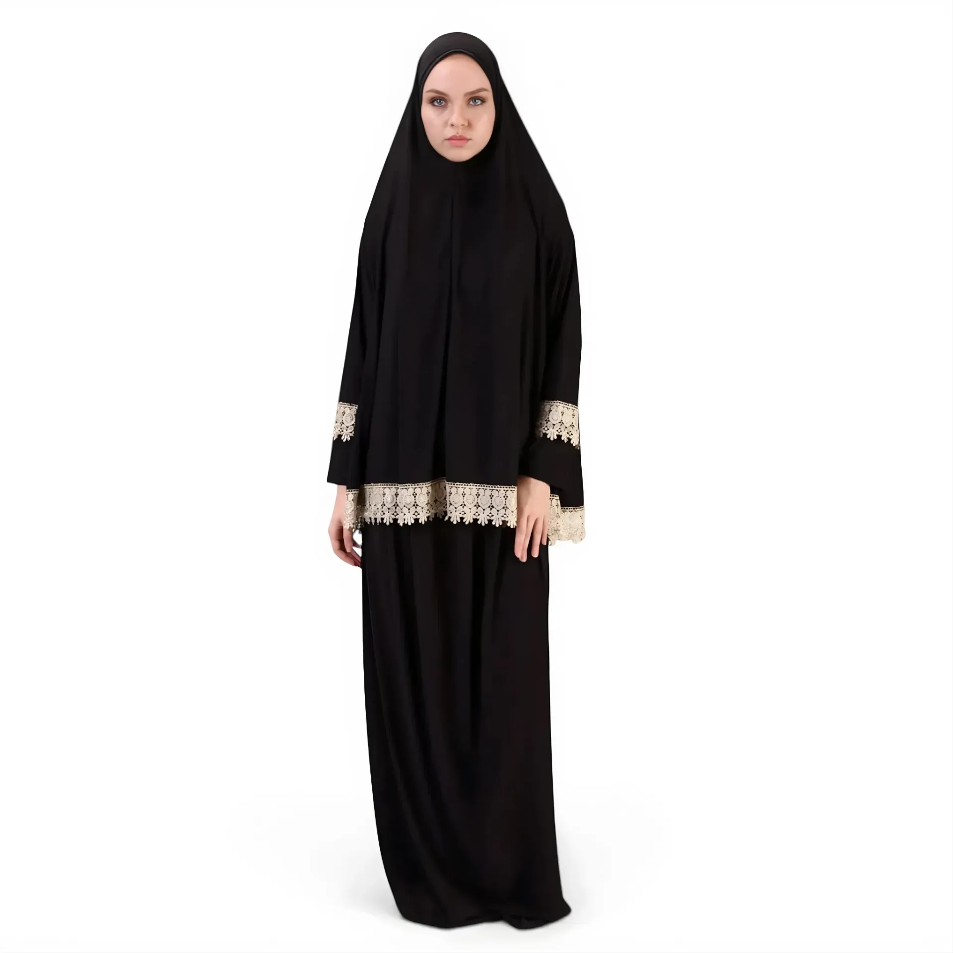 [P10021-Siyah] Two Piece Prayer Dress Soft Jersey Embroidered with Luxury Lace Comfortable Practical Black