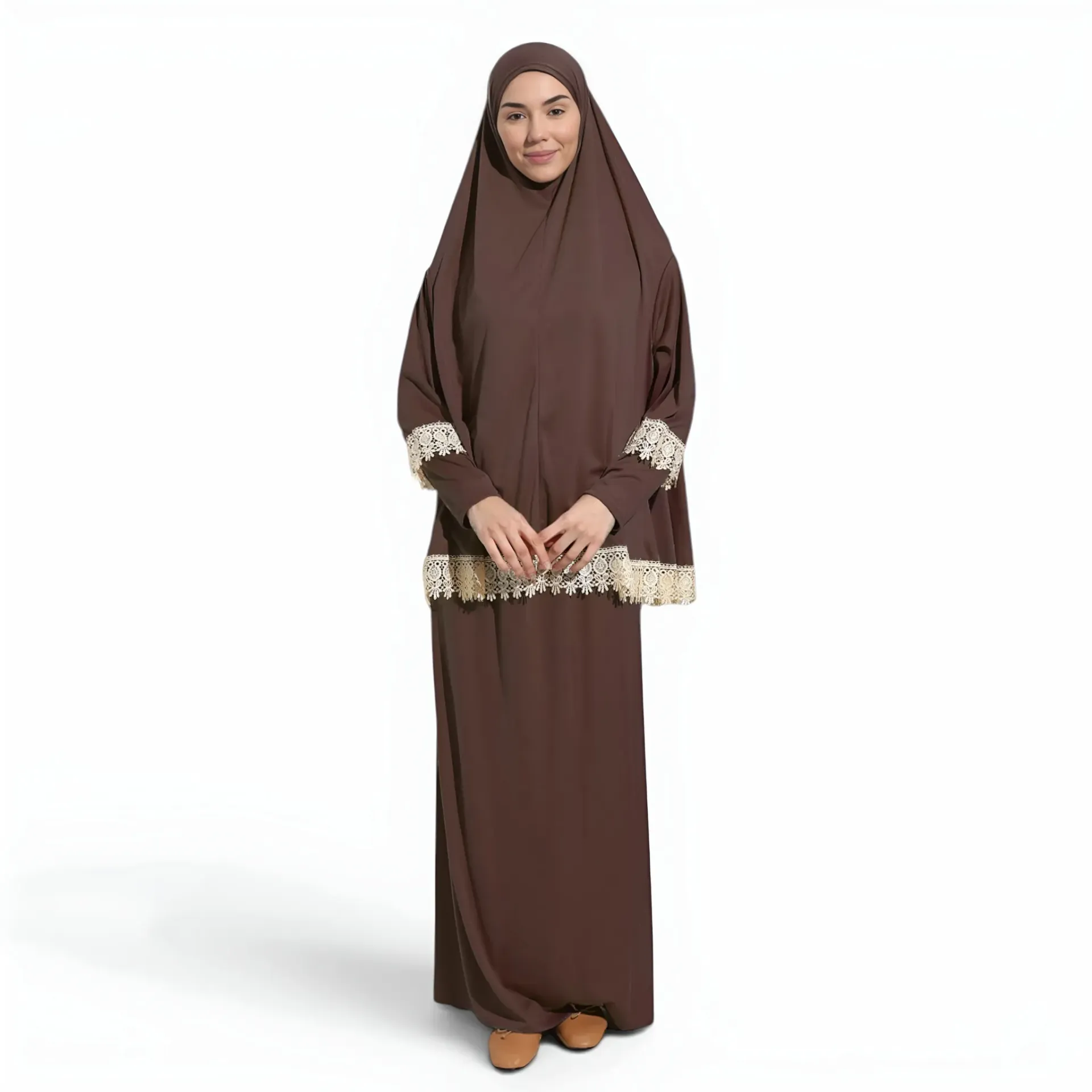 [P10021-Kahverengi] Two Piece Prayer Dress Soft Jersey Embroidered with Luxury Lace Comfortable Practical Brown