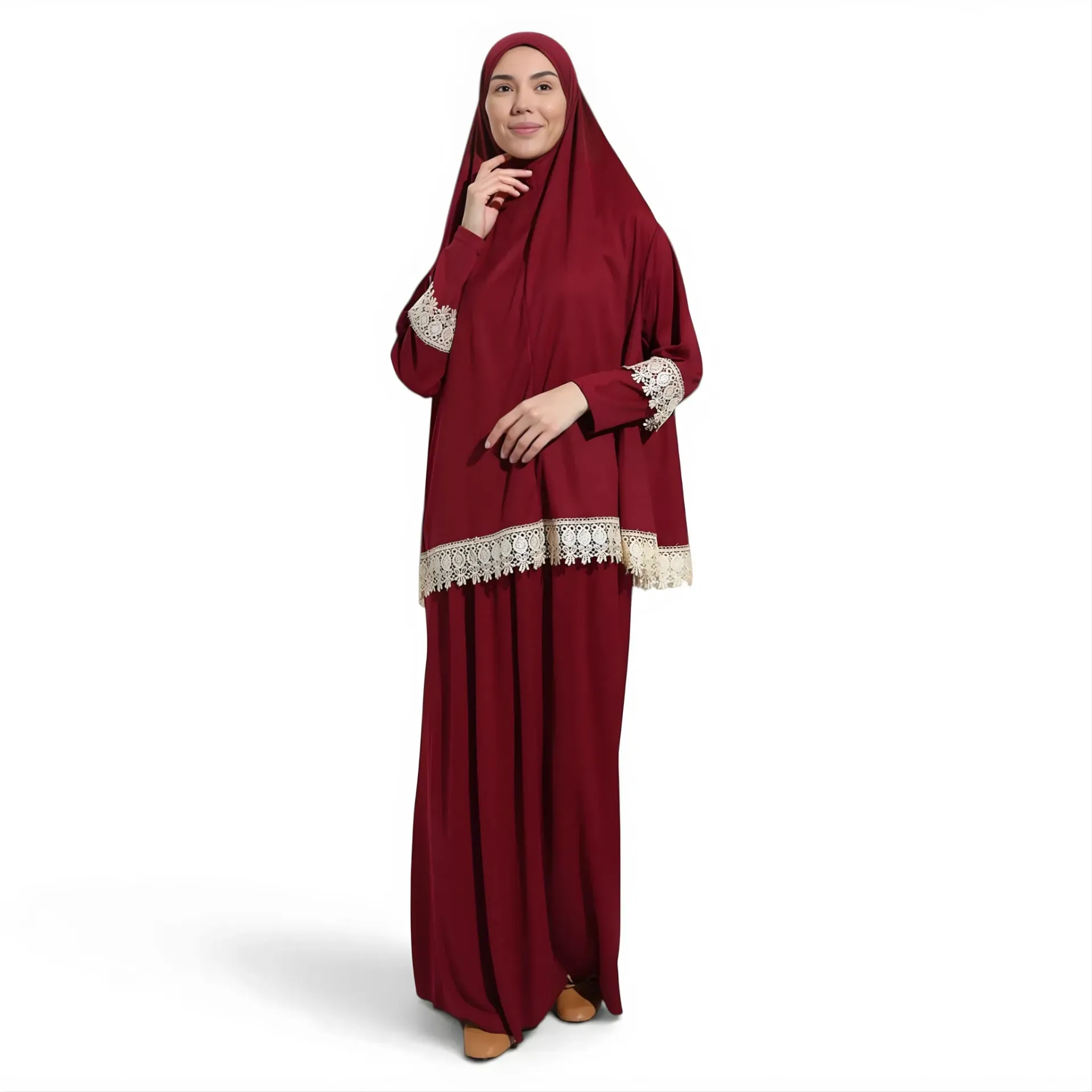 [P10021-Bordo] Two Piece Prayer Dress Soft Jersey Embroidered with Luxury Lace Comfortable Practical Burgundy