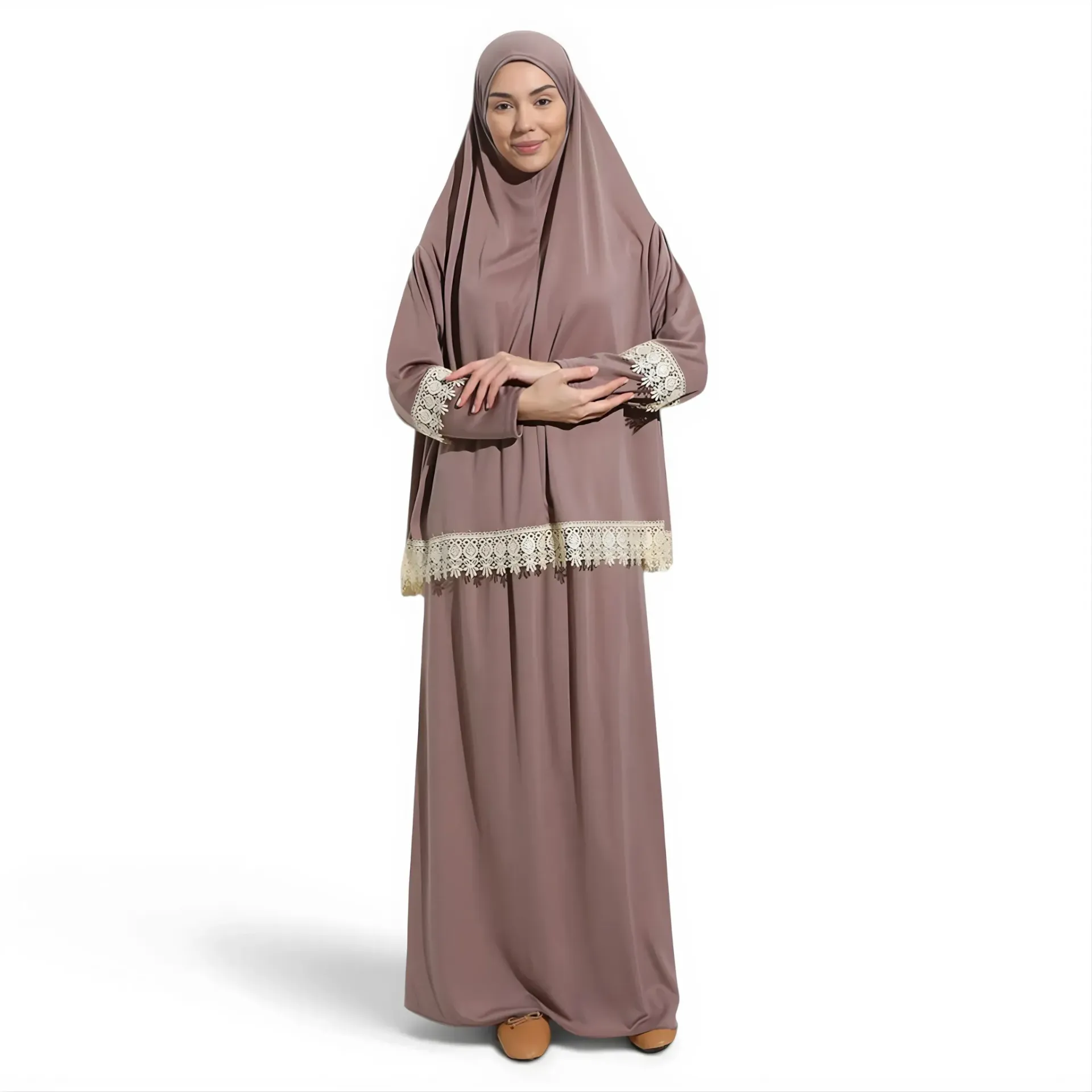 [P10021-Toprak] Two Piece Prayer Dress Soft Jersey Embroidered with Luxury Lace Comfortable Practical Earthy Brown