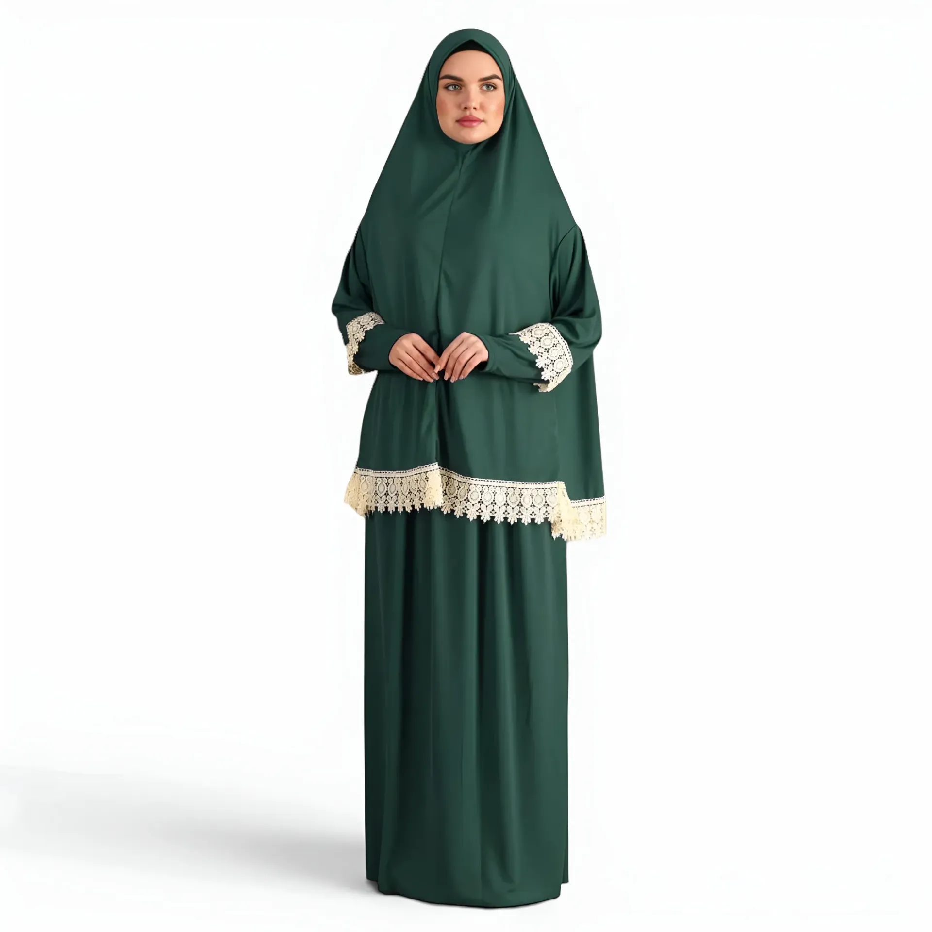 [P10021-Yeşil] Two Piece Prayer Dress Soft Jersey Embroidered with Luxury Lace Comfortable Practical Green