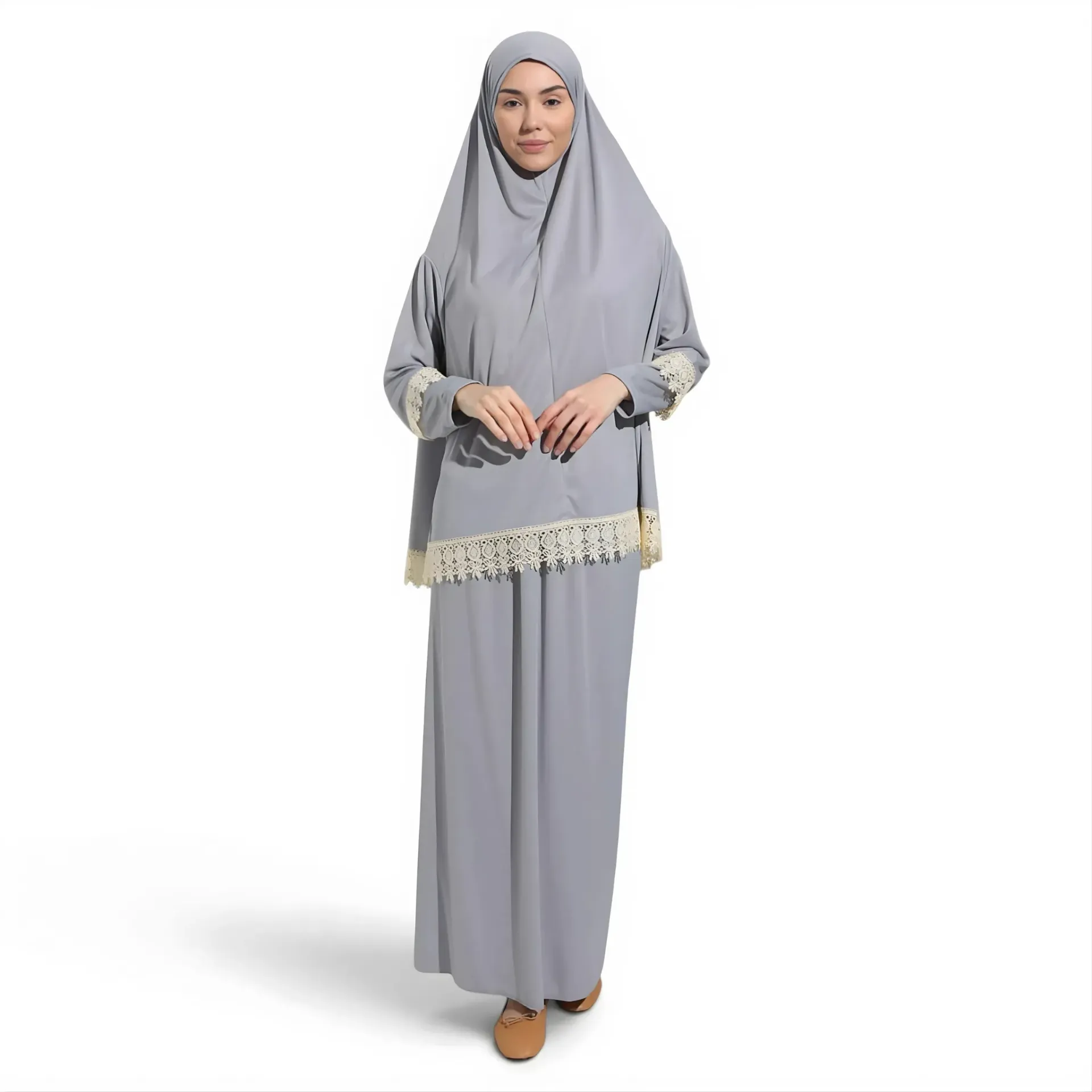 [P10021-Gri] Two Piece Prayer Dress Soft Jersey Embroidered with Luxury Lace Comfortable Practical Grey