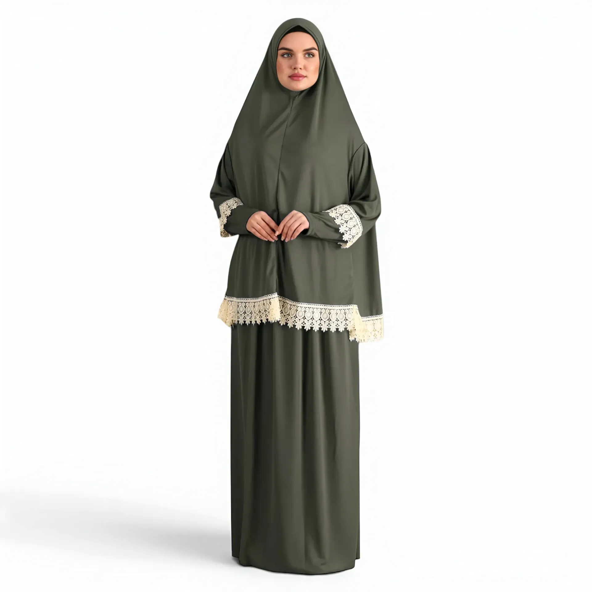 [P10021-Haki] Two Piece Prayer Dress Soft Jersey Embroidered with Luxury Lace Comfortable Practical Khaki