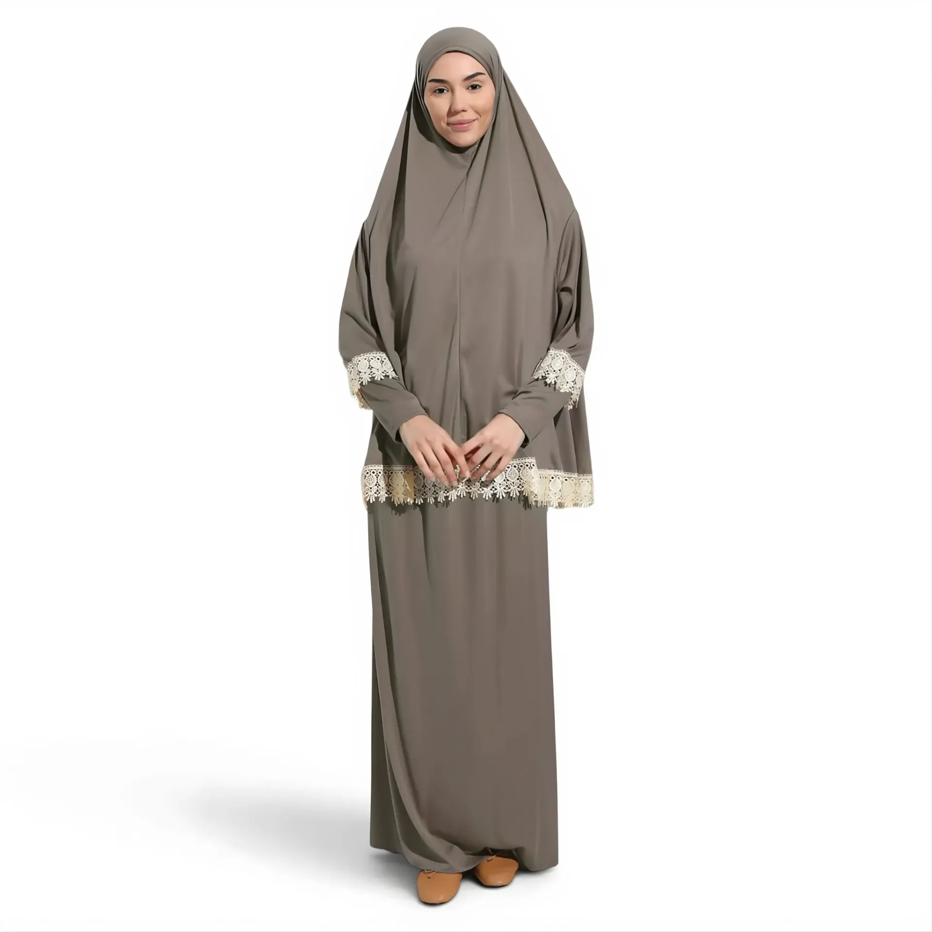 [P10021-Vizon] Two Piece Prayer Dress Soft Jersey Embroidered with Luxury Lace Comfortable Practical Mink