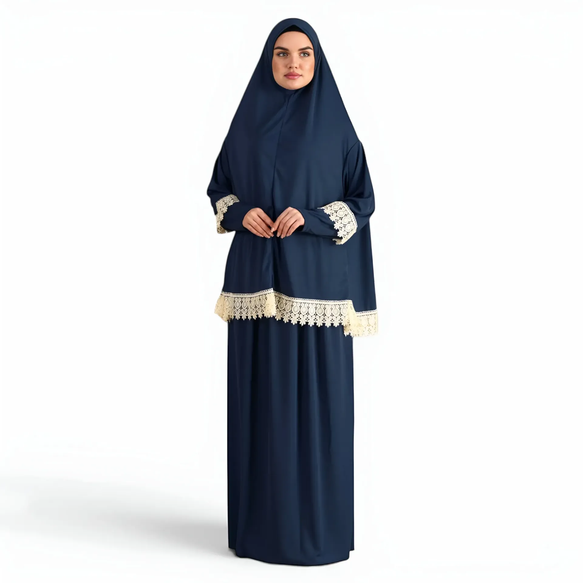 [P10021-Lacivert] Two Piece Prayer Dress Soft Jersey Embroidered with Luxury Lace Comfortable Practical Navy Blue