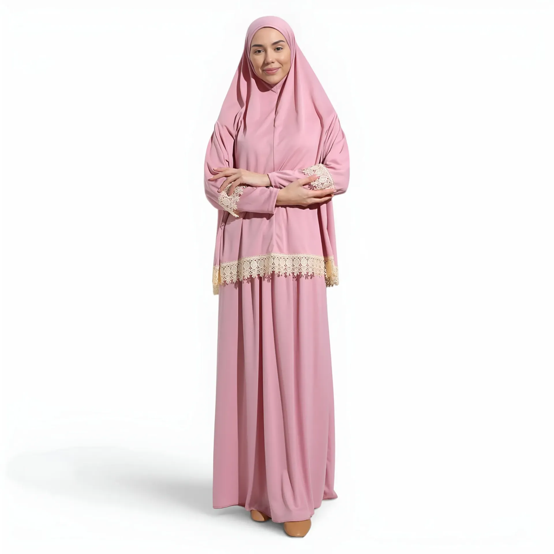[P10021-Pembe] Two Piece Prayer Dress Soft Jersey Embroidered with Luxury Lace Comfortable Practical Pink