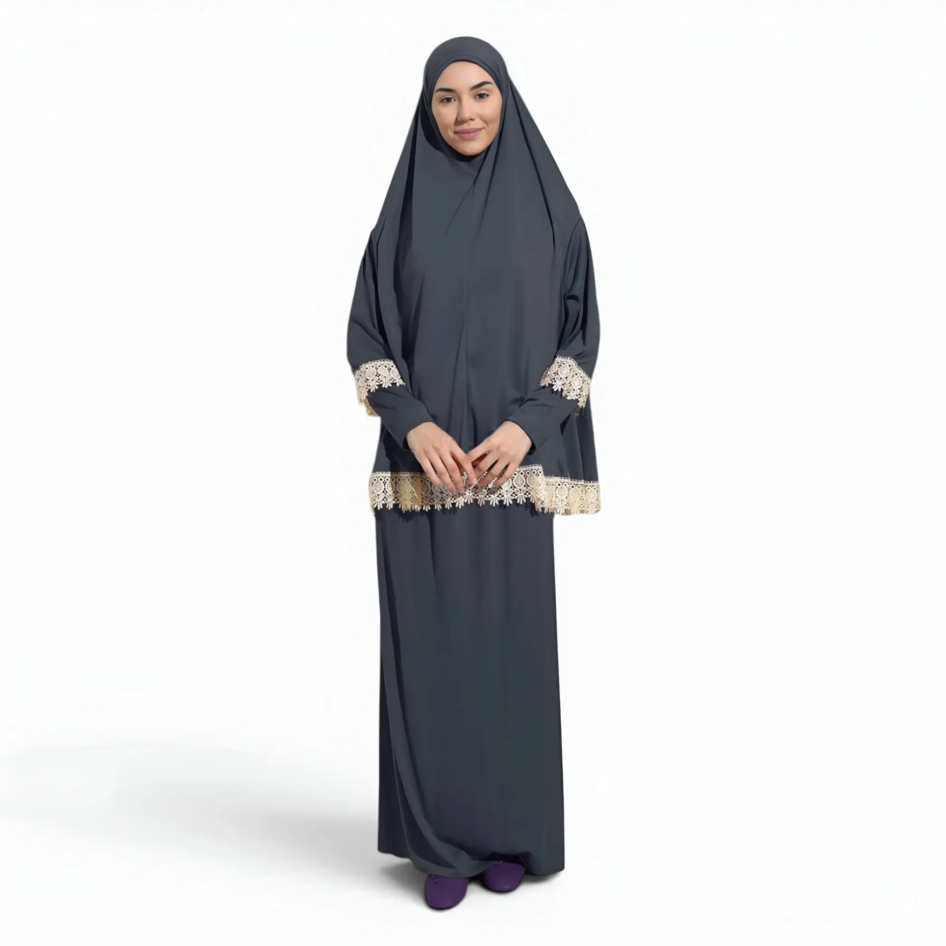 [P10021-Füme] Two Piece Prayer Dress Soft Jersey Embroidered with Luxury Lace Comfortable Practical Smoked Grey