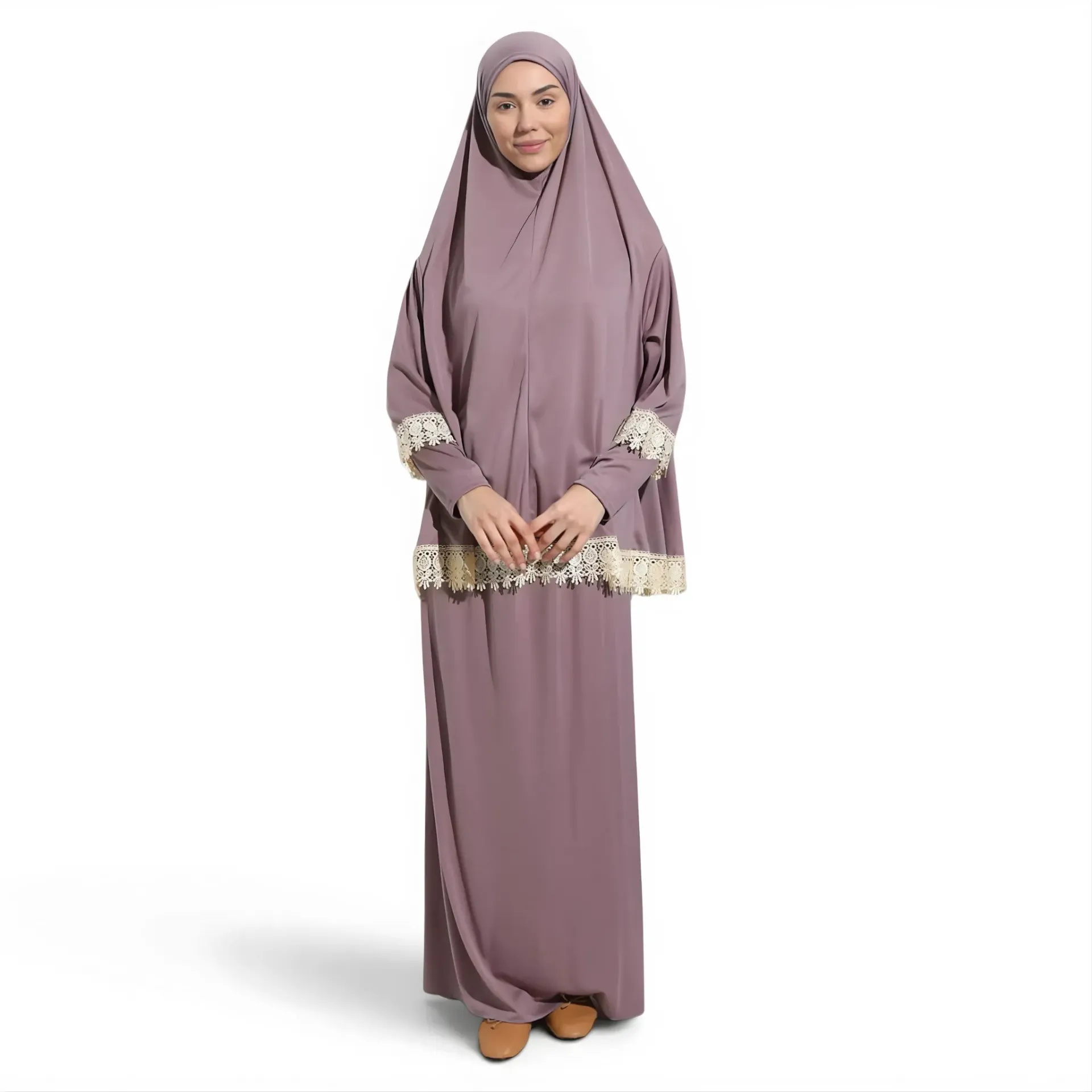 [P10021-Gül kurusu] Two Piece Prayer Dress Soft Jersey Embroidered with Luxury Lace Comfortable Practical dusty rose