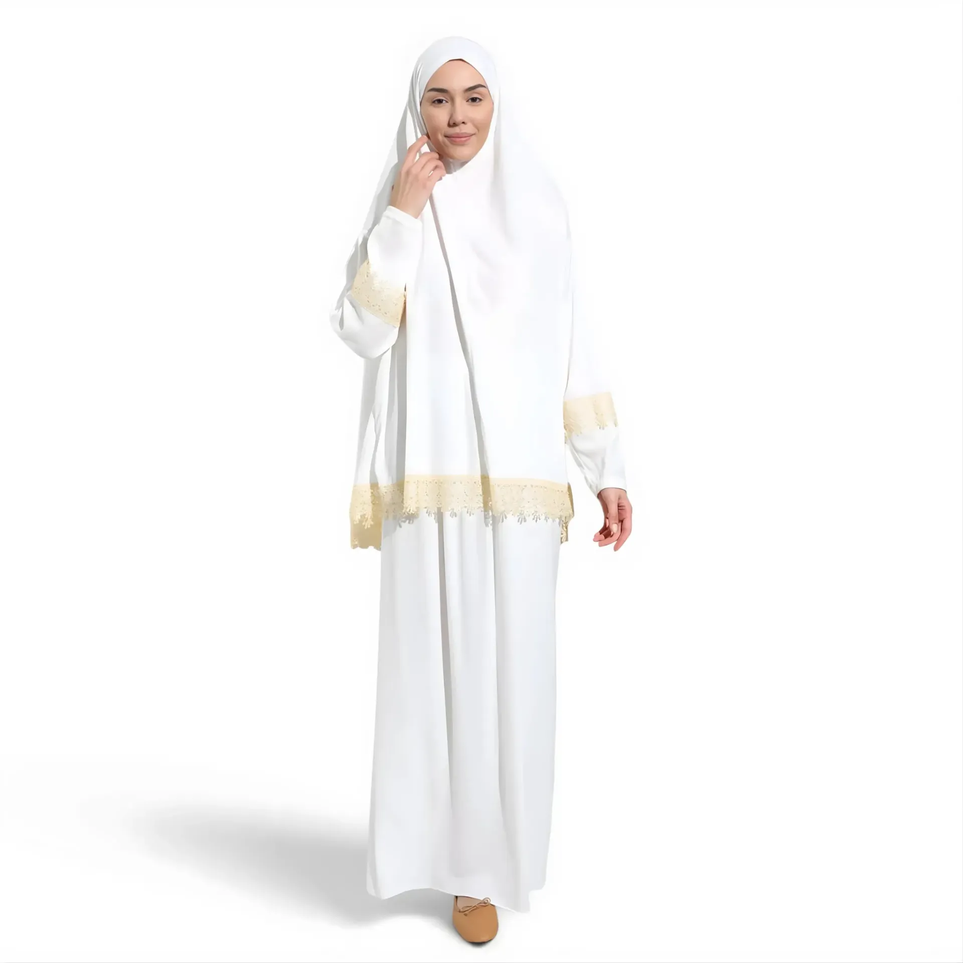 [P10021-Ekru] Two Piece Prayer Dress Soft Jersey Embroidered with Luxury Lace Comfortable Practical off white