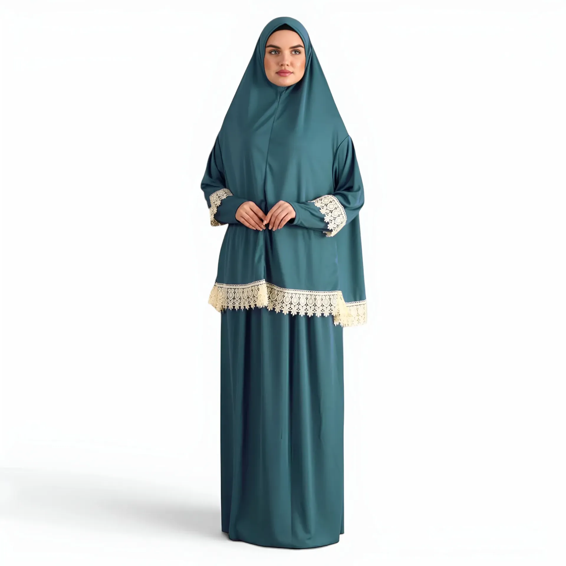 [P10021-Zümrüt] Two Piece Prayer Dress Soft Jersey Embroidered with Luxury Lace Comfortable Practical turquoise