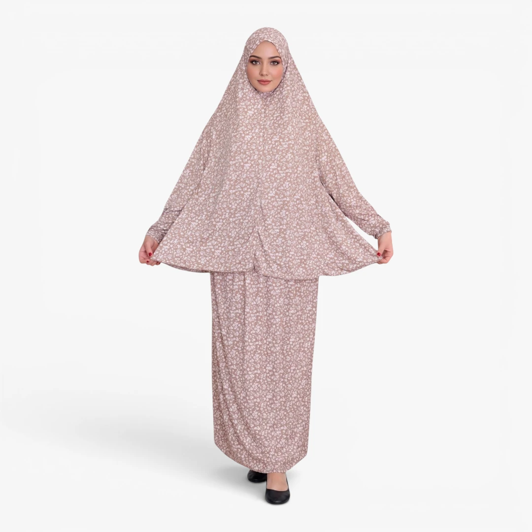 [P10240-Bej] Two Piece Prayer Dress Soft Jersey Floral Pattern Comfortable Practical Attached Hijab Beige