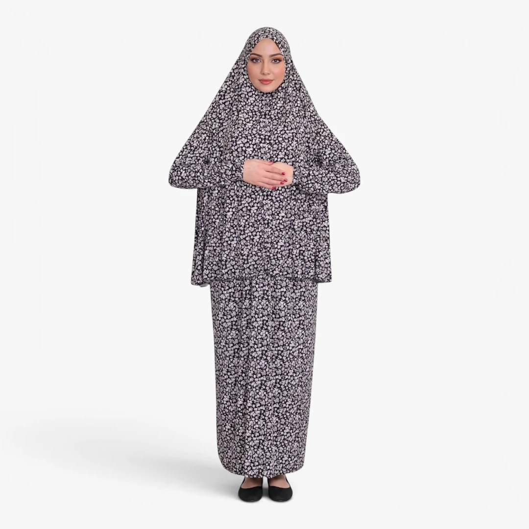 [P10240-Siyah] Two Piece Prayer Dress Soft Jersey Floral Pattern Comfortable Practical Attached Hijab Black