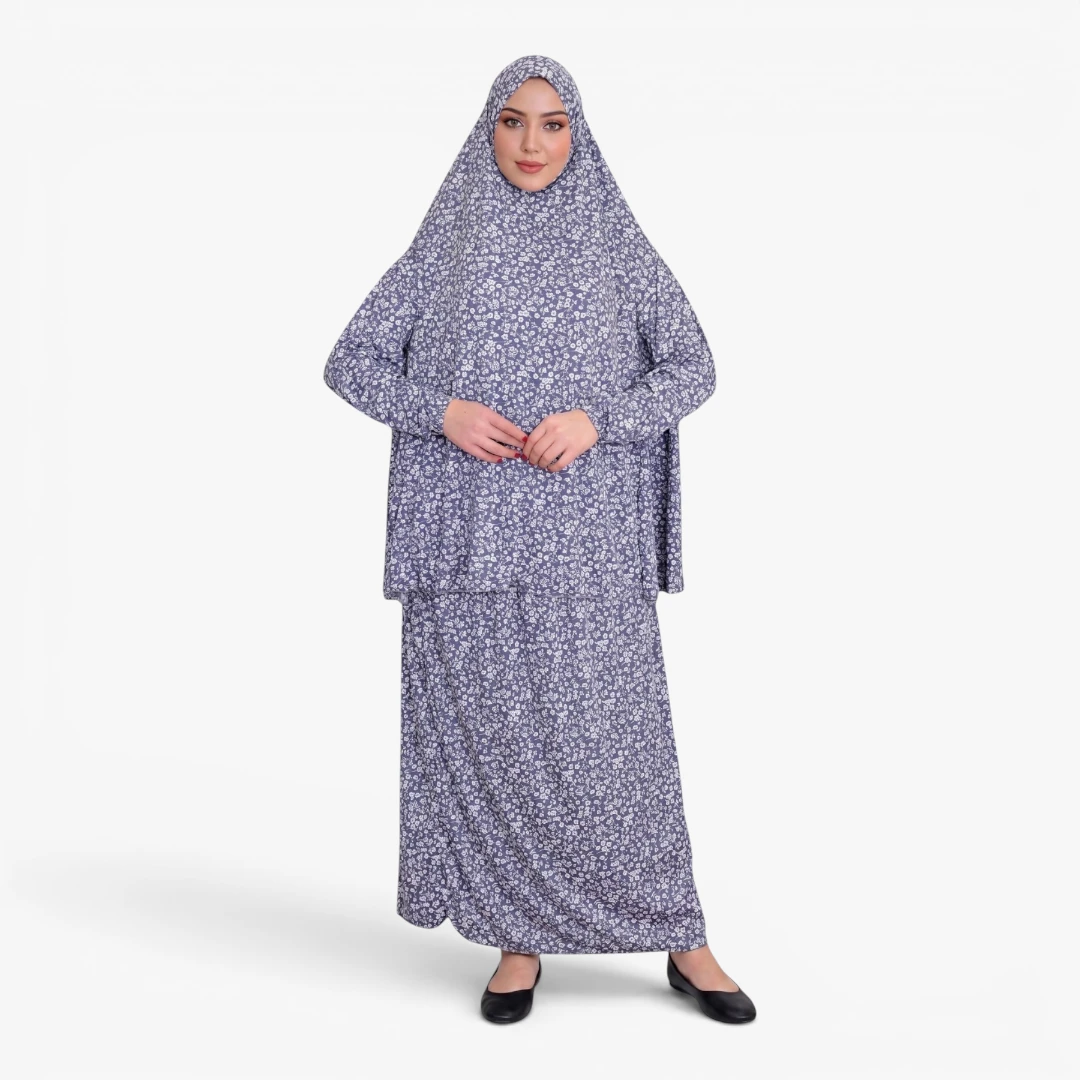 [P10240-Mavi] Two Piece Prayer Dress Soft Jersey Floral Pattern Comfortable Practical Attached Hijab Blue